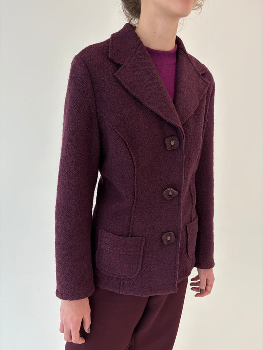 Sacou dark burgundy cambrat din boiled wool cu inserții extrafine de lurex