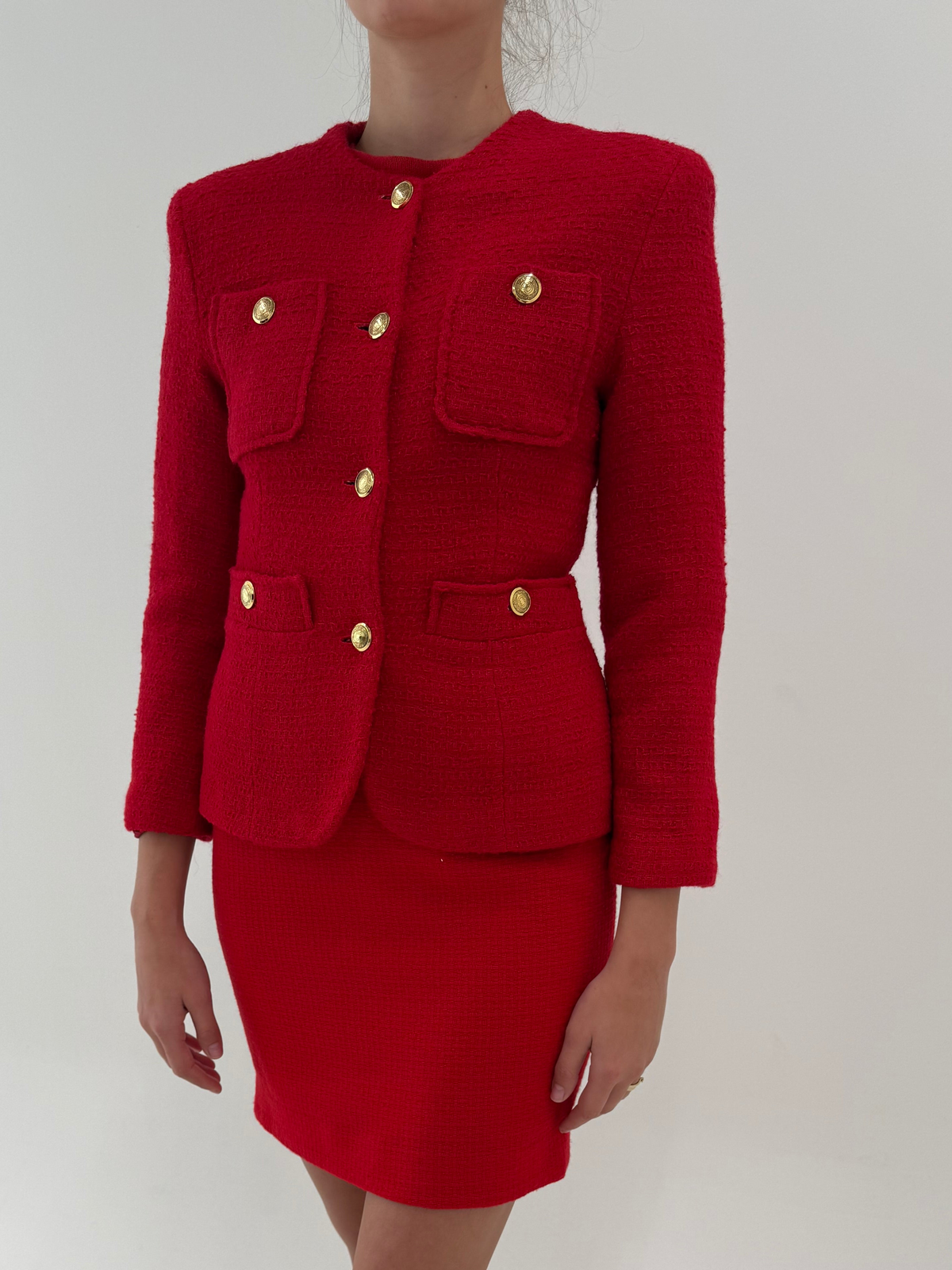 Sacou vintage în stil Chanel cherry red petite din tweed excepțional de lana