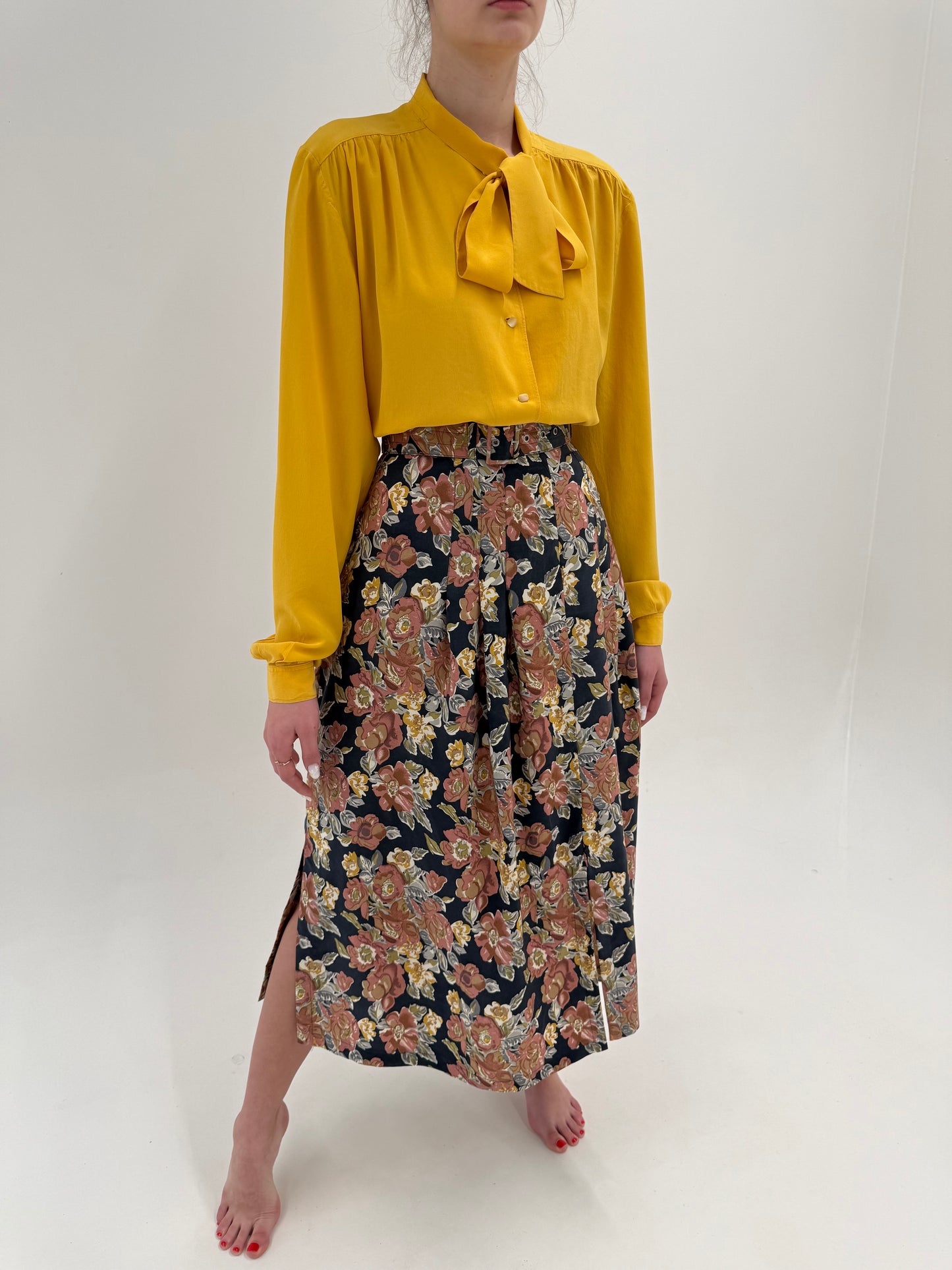 Fustă maxi din mătase naturală cu print floral și buzunare