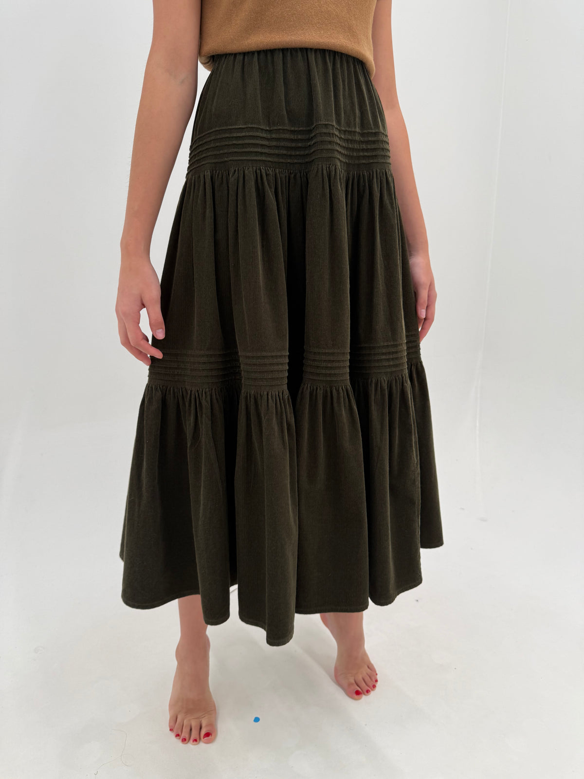 Fustă maxi de brand luxury vintage dark green ultra amplă din catifea raiata fin