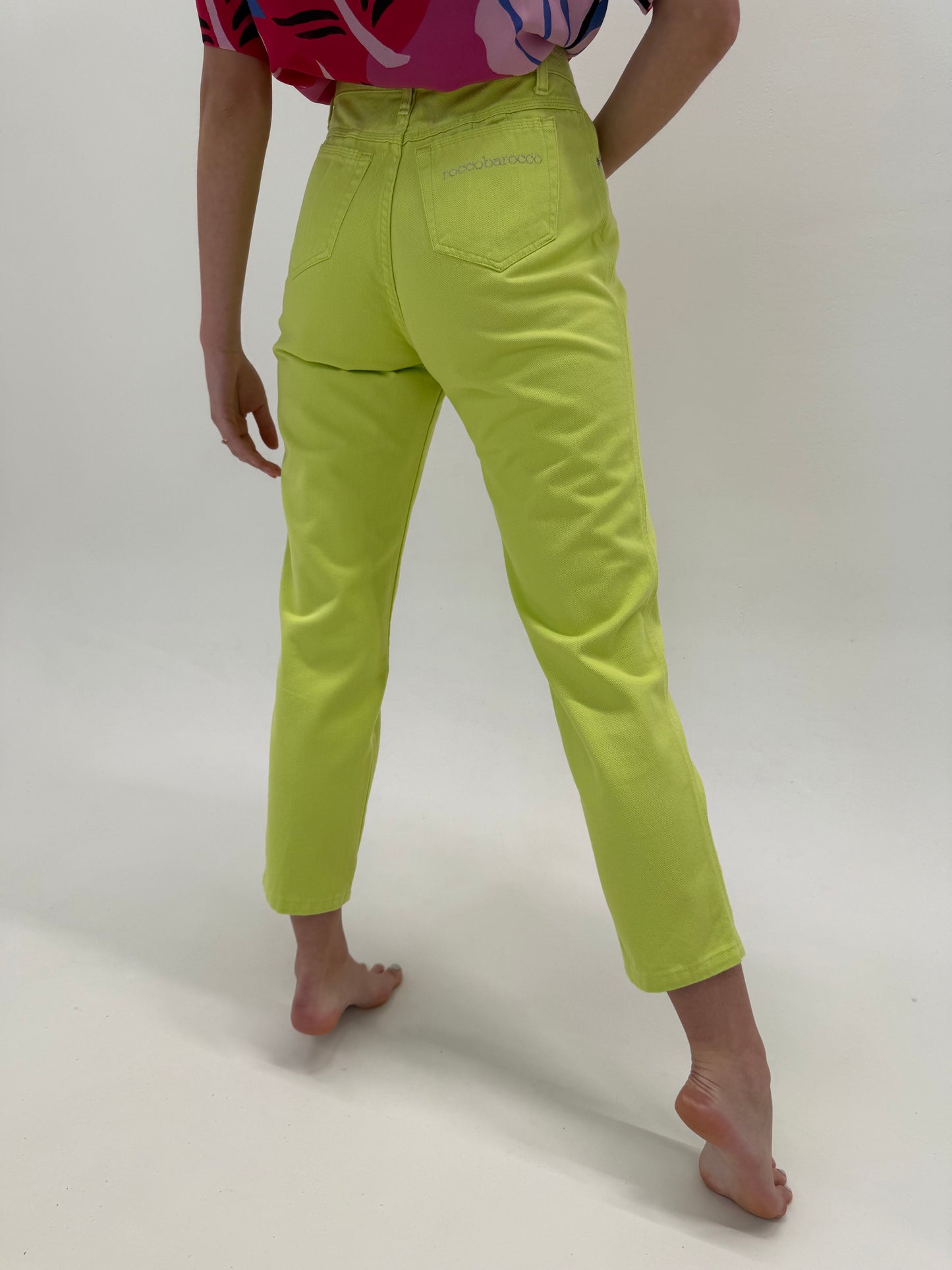 Jeans luxury vintage Rocco Barocco de vară neon green cu talie ultra înaltă