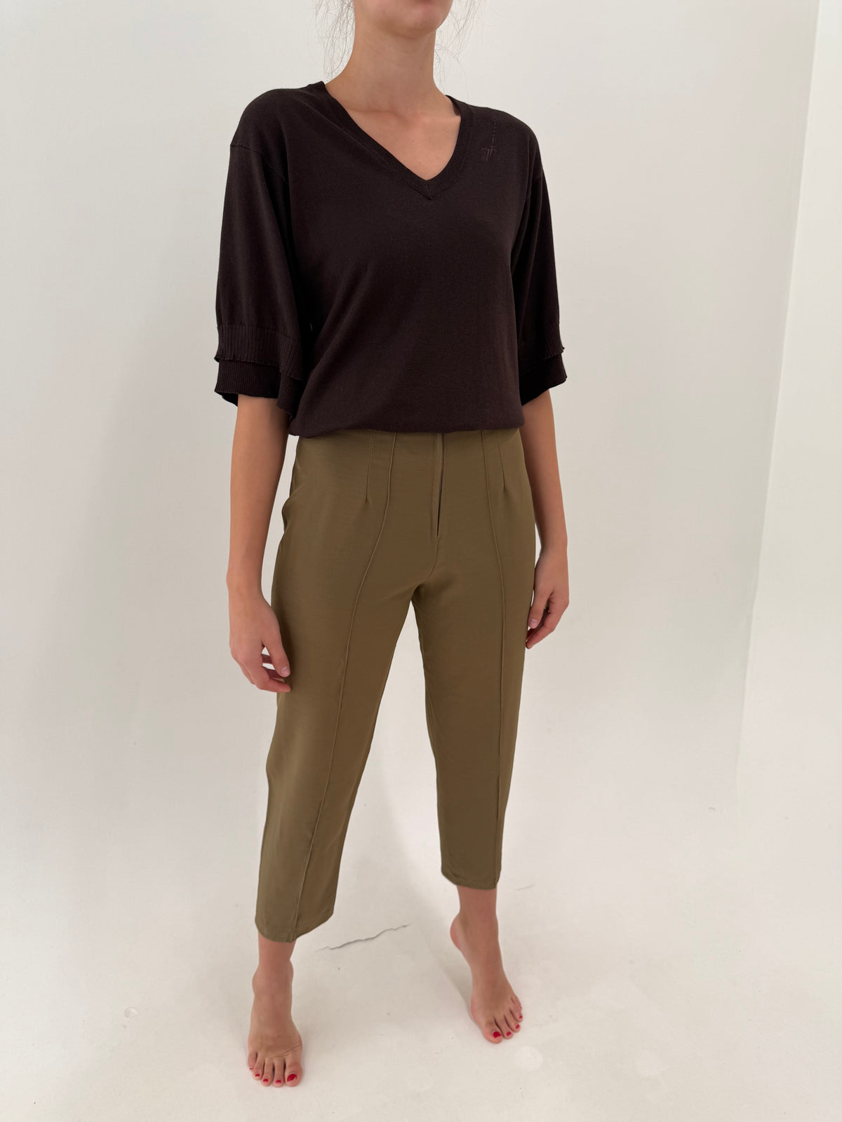 Pantaloni țigaretă camel din lana extrafina petite cu talie ultra înaltă