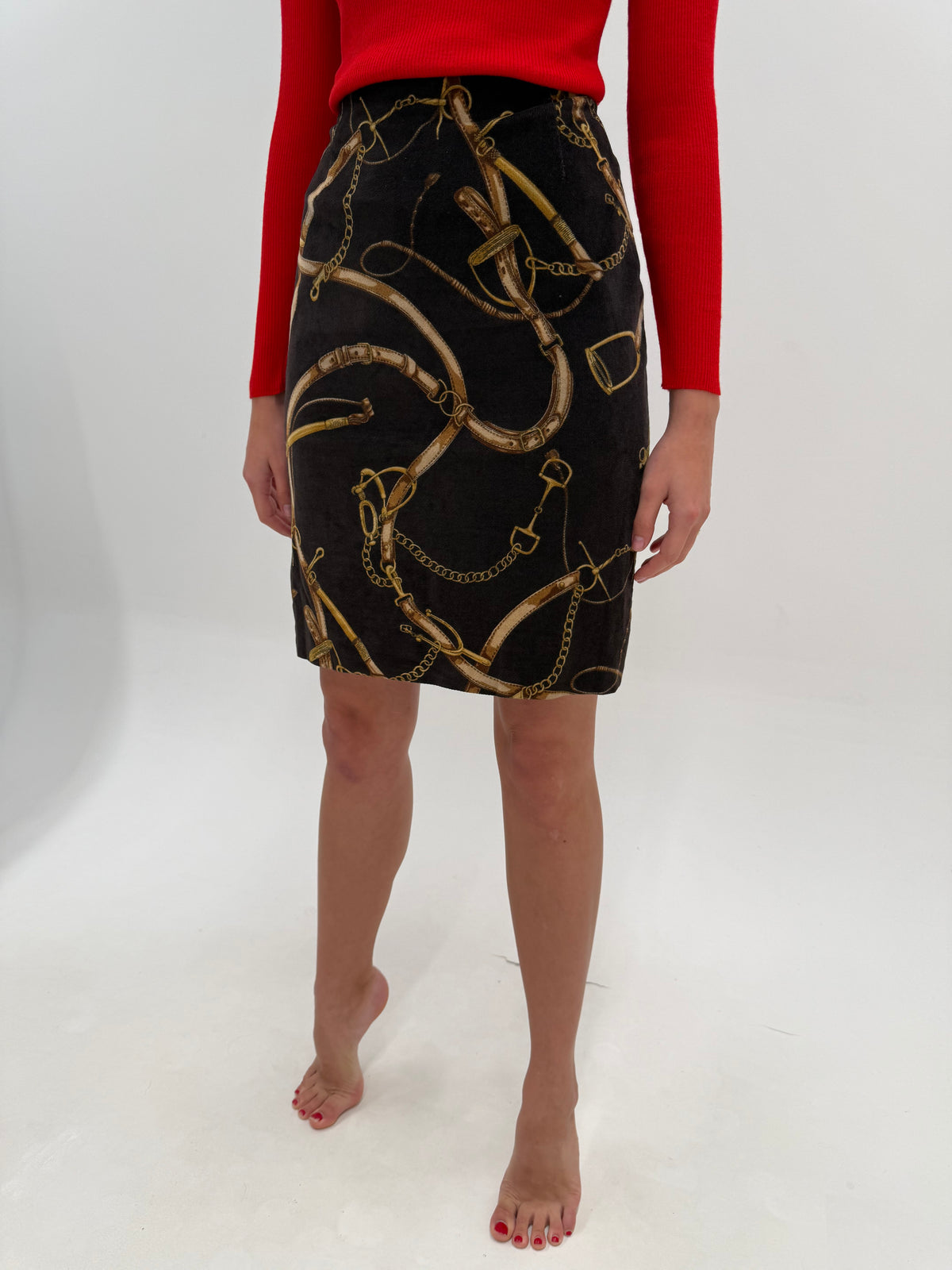 Fustă luxury Les Copains din catifea de bumbac cu print în stil Hermes dark brown