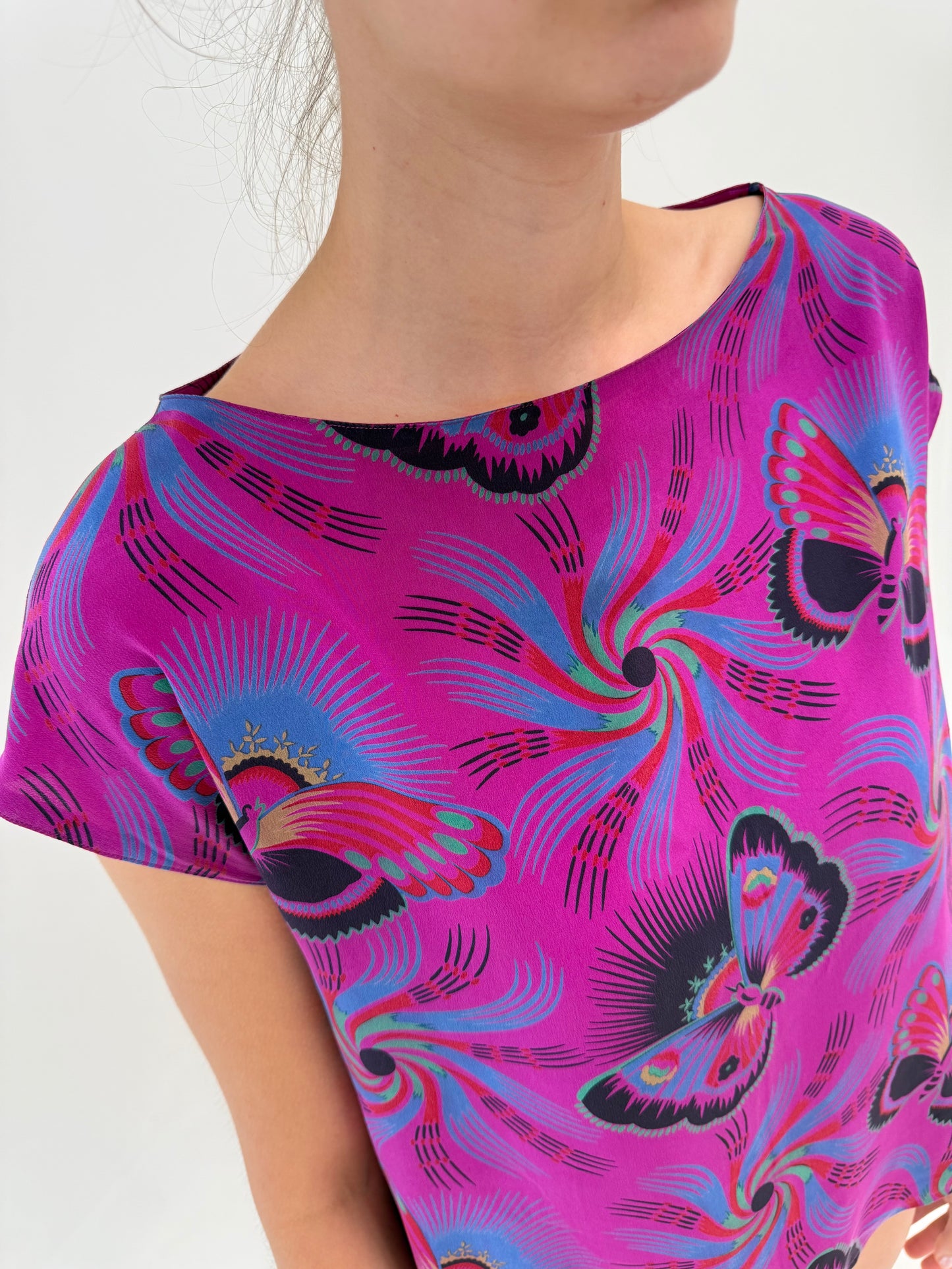 Set vintage magenta din mătase naturală cu fusta petrecută print delicat