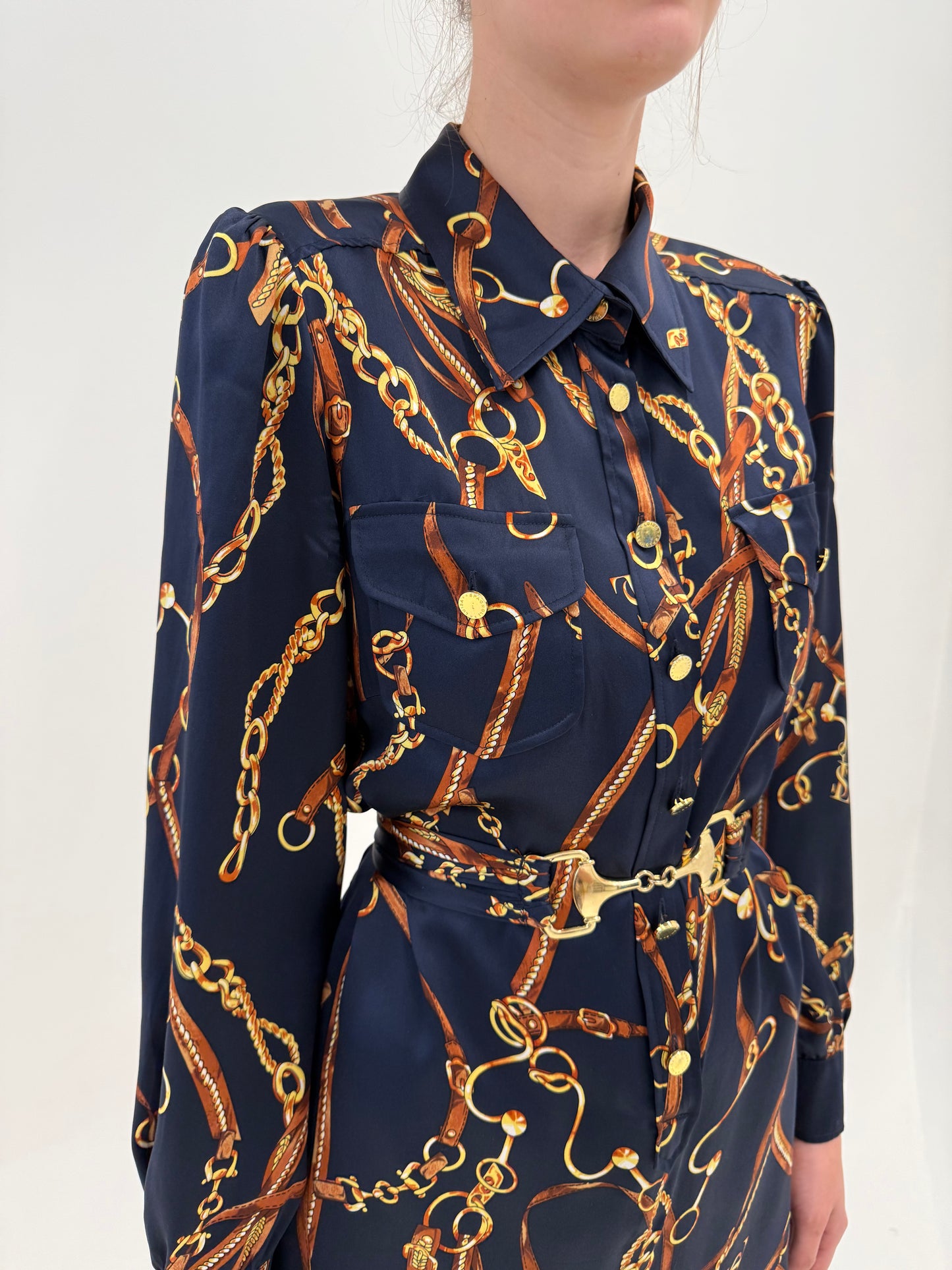 Rochie luxury Luisa Spagnoli din twill de mătase naturală cu print baroc și centura proprie