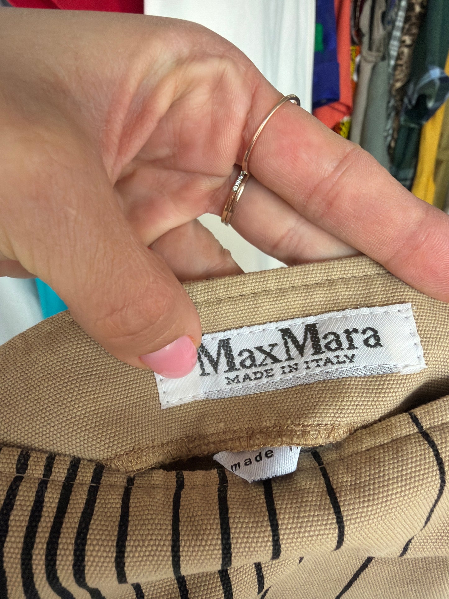 Fustă camel Max Mara din canvas de bumbac cu print în dungi extrem de chic