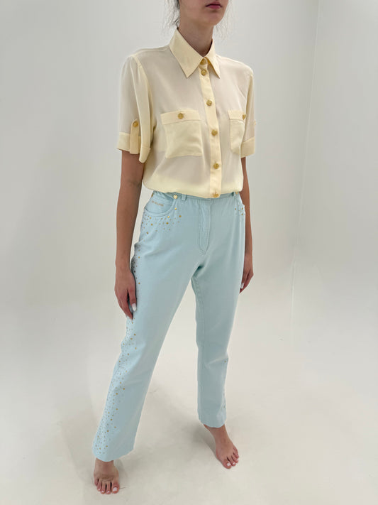 Pantaloni premium de vară baby blue italinesti cu aplicații auriu pudrat ultra confort