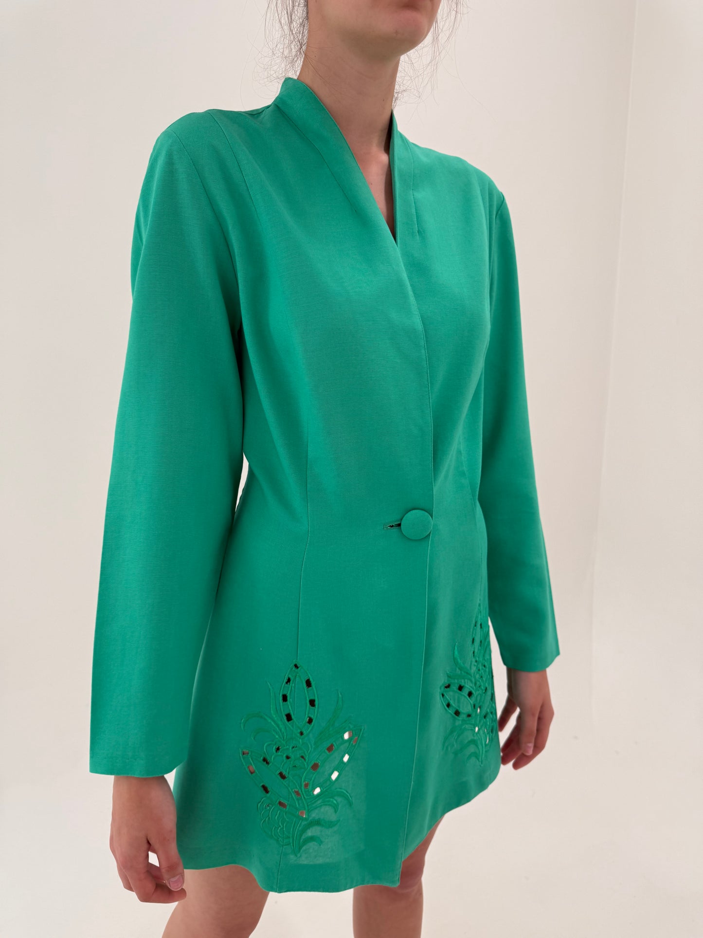 Costum vintage emerald green cu sacou cambrat și fustă creion din în și vâscoza