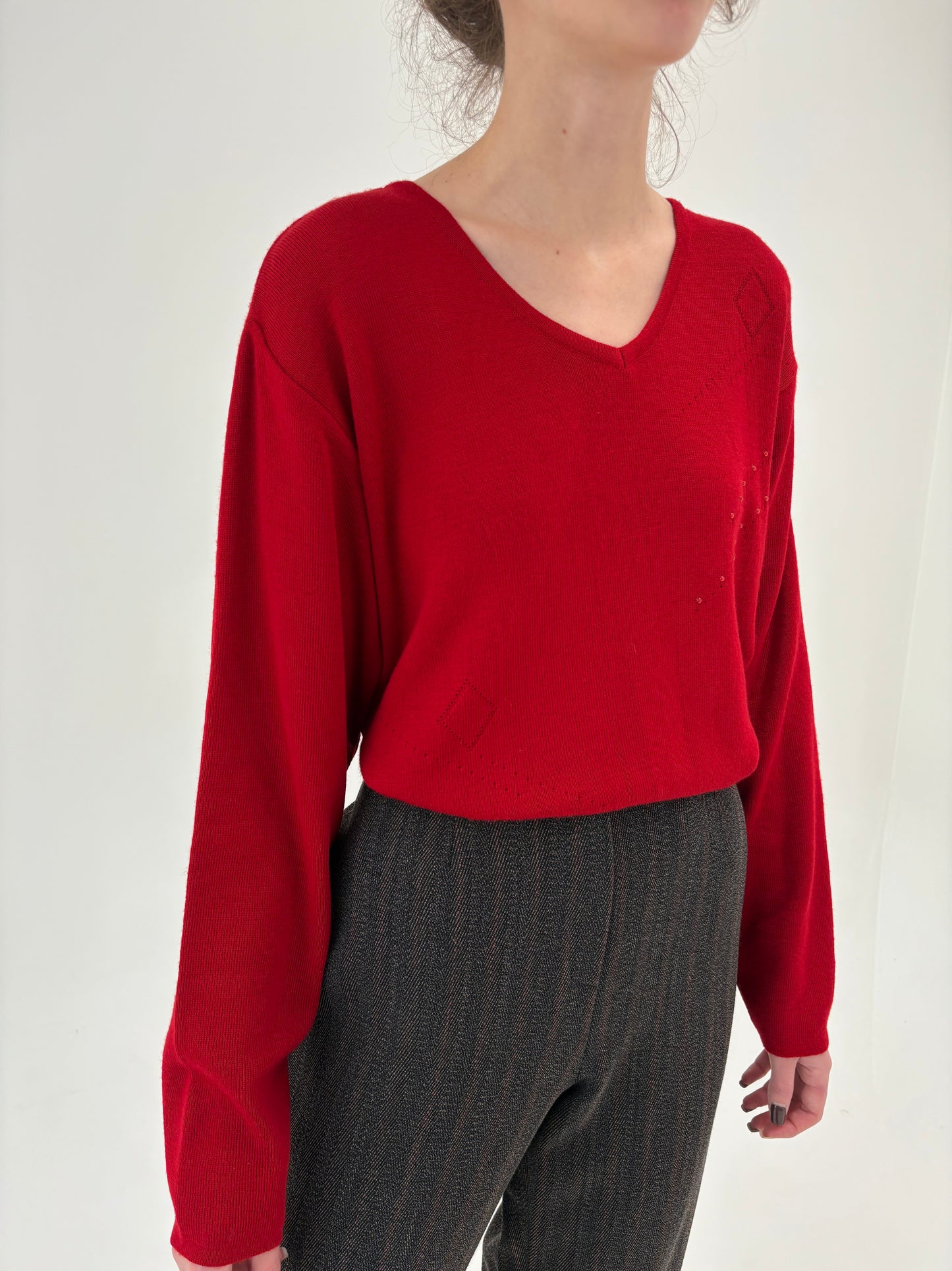 Pulover cherry red din lana merino extrafina de gramaj mare în anchior