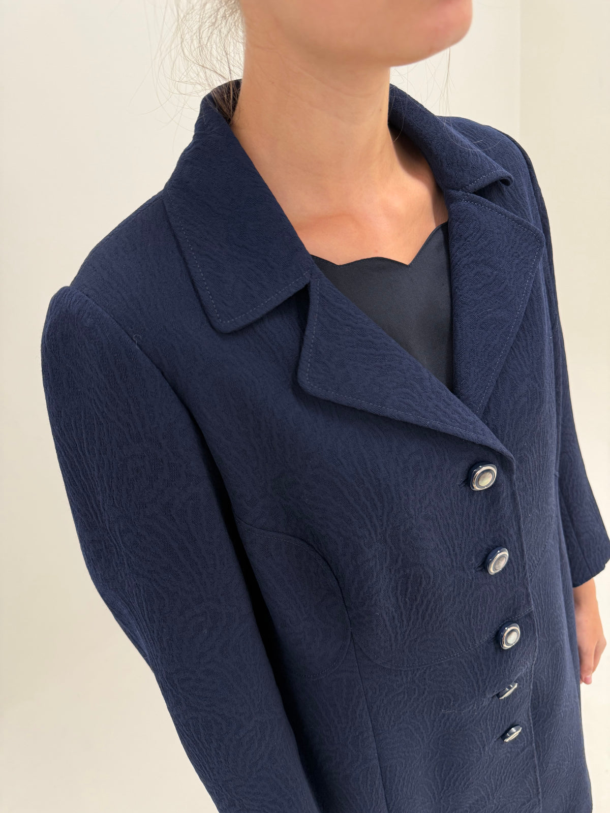 Palton de toamnă old vintage anii 60 din mix de lana extrafina brocart Navy blue