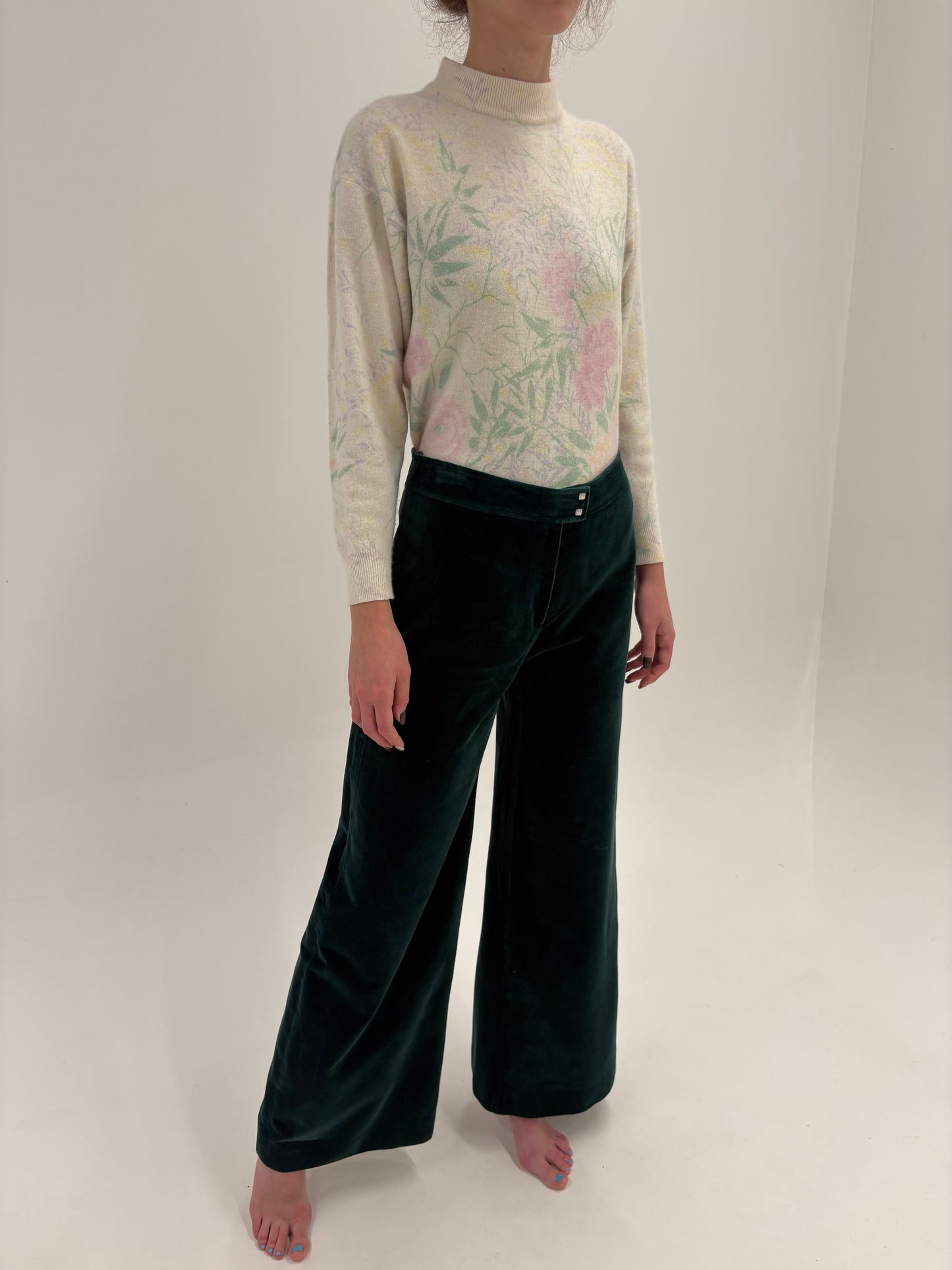 Pantaloni palazzo vintage din catifea dark green de bumbac de la zi la seară