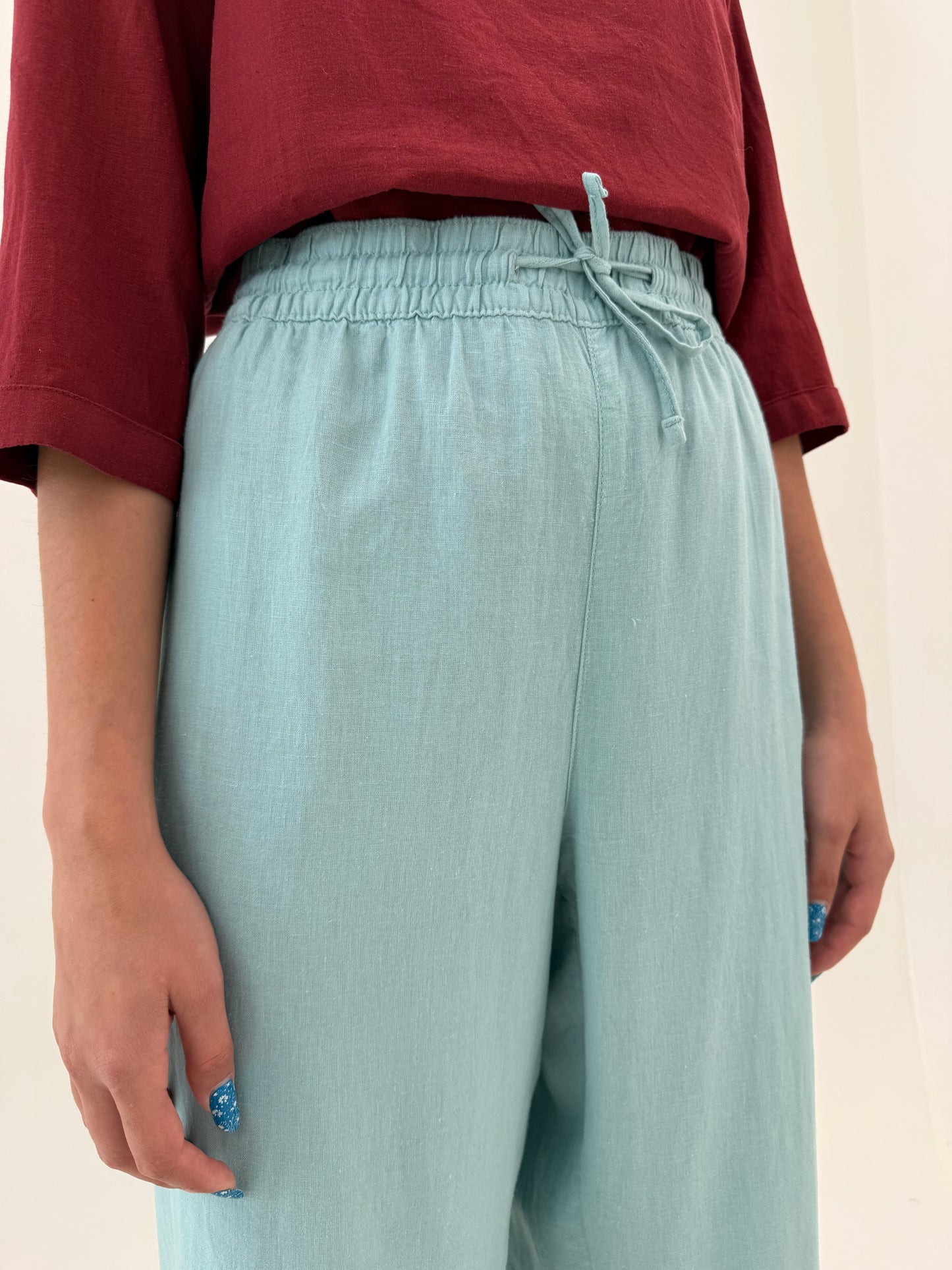 Pantaloni drepți din pânză mint green cu talie ultra înaltă elastică reglabilă