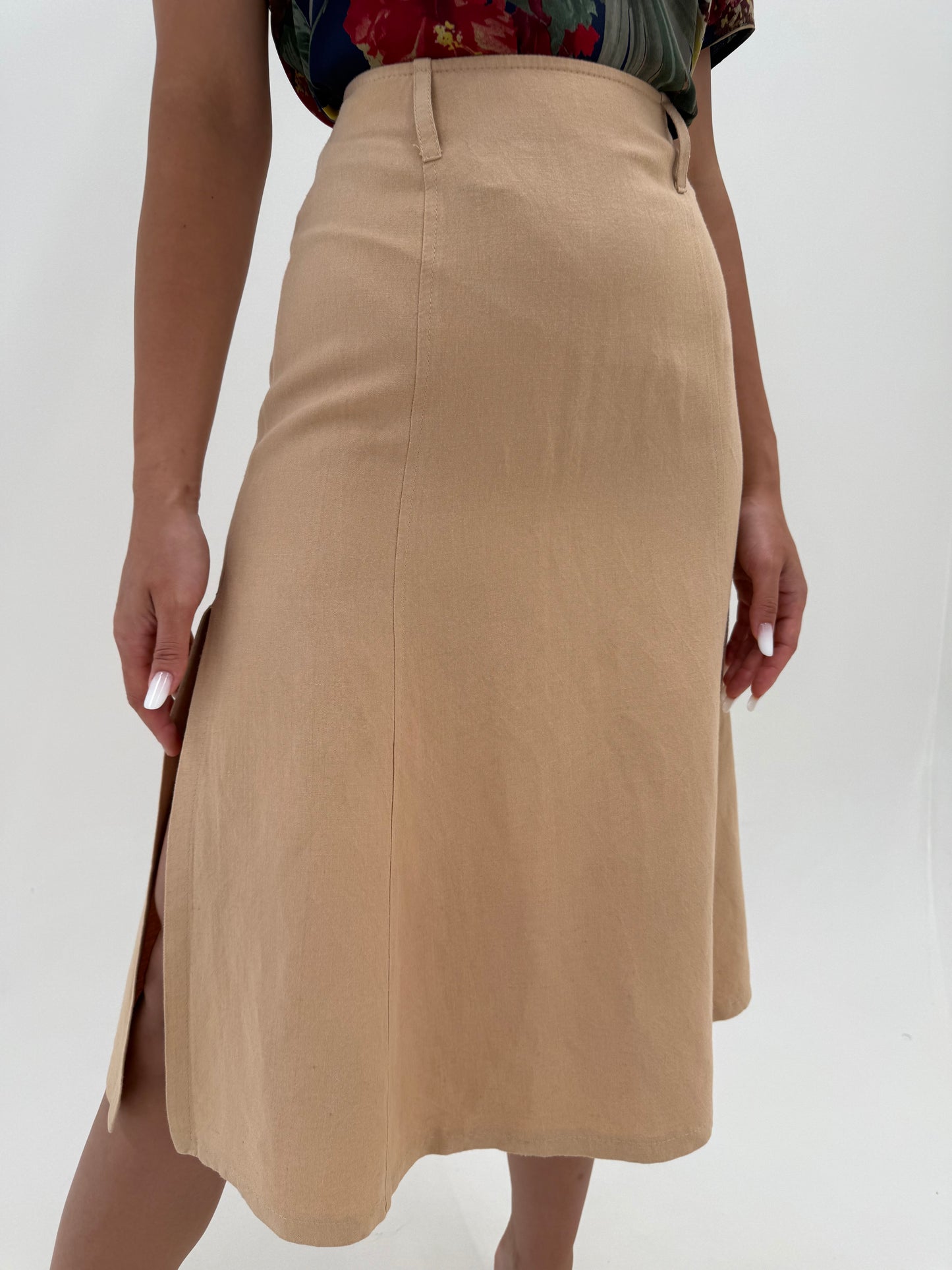 Fustă camel Marella by Max Mara din pânză moale premium midi cu talie ultra înaltă