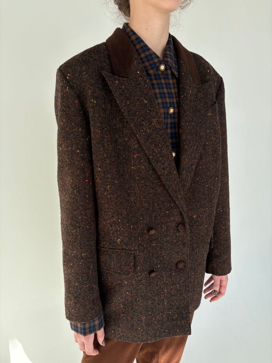 Sacou vintage chocolate brown din tweed de lana cu inserții colorate
