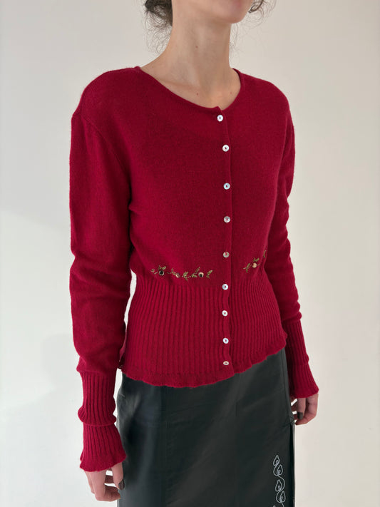 Set vintage tall dark cherry red din lana extrafina cu broderie superbă