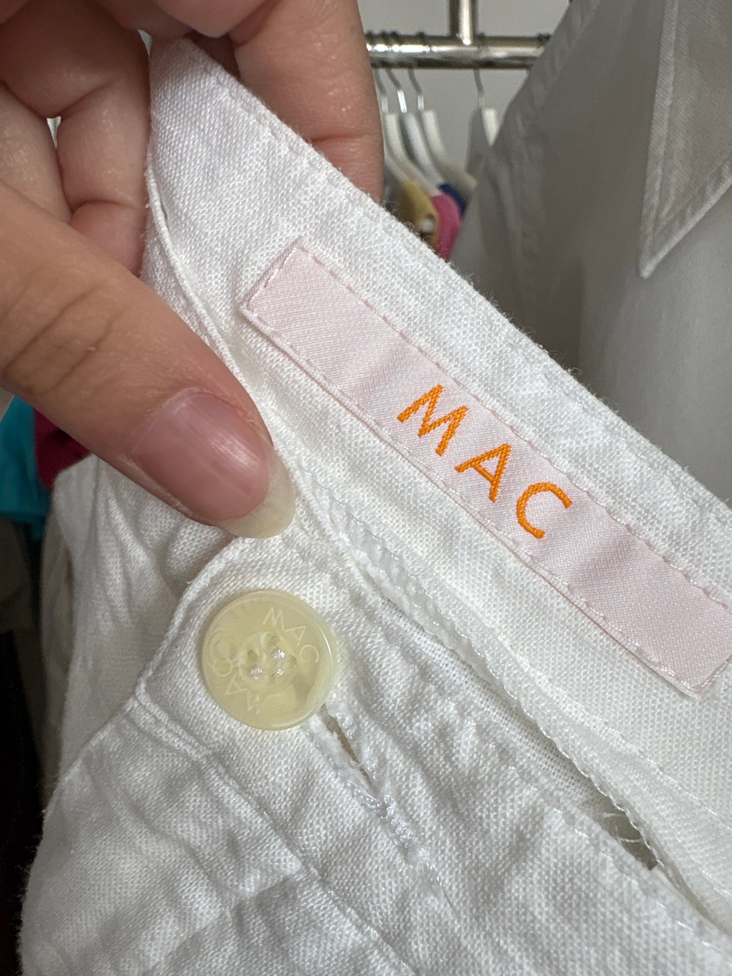 Pantaloni albi țigaretă cu talie înaltă din pânză excepțională de in și bumbac
