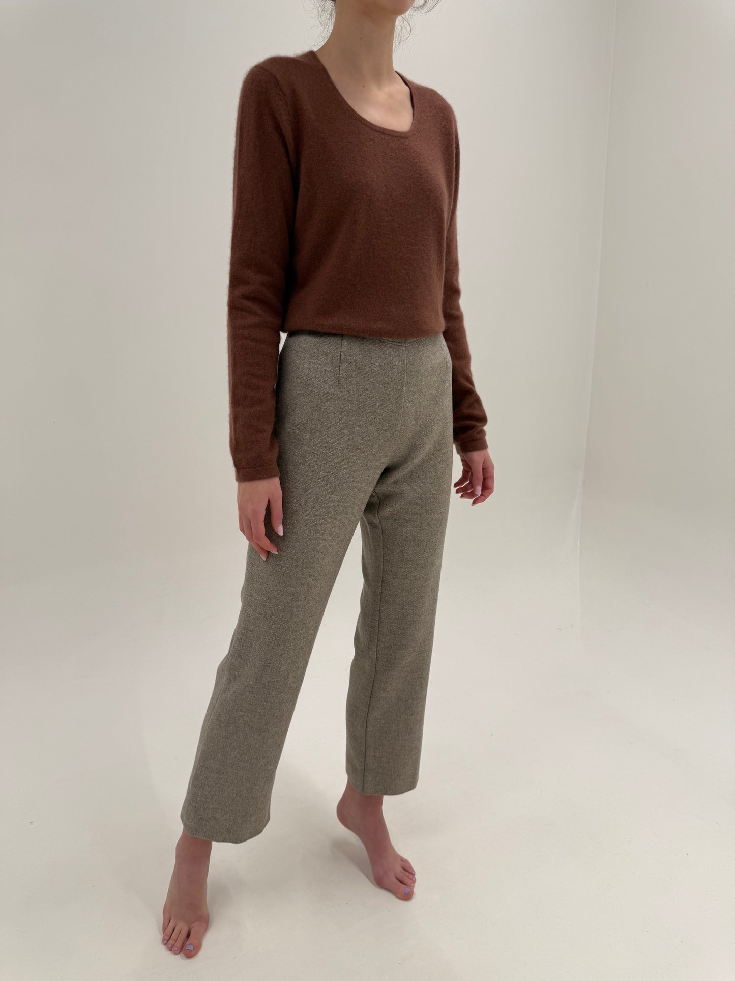 Pantaloni camel melanj din stofă groasă de lana extrafina