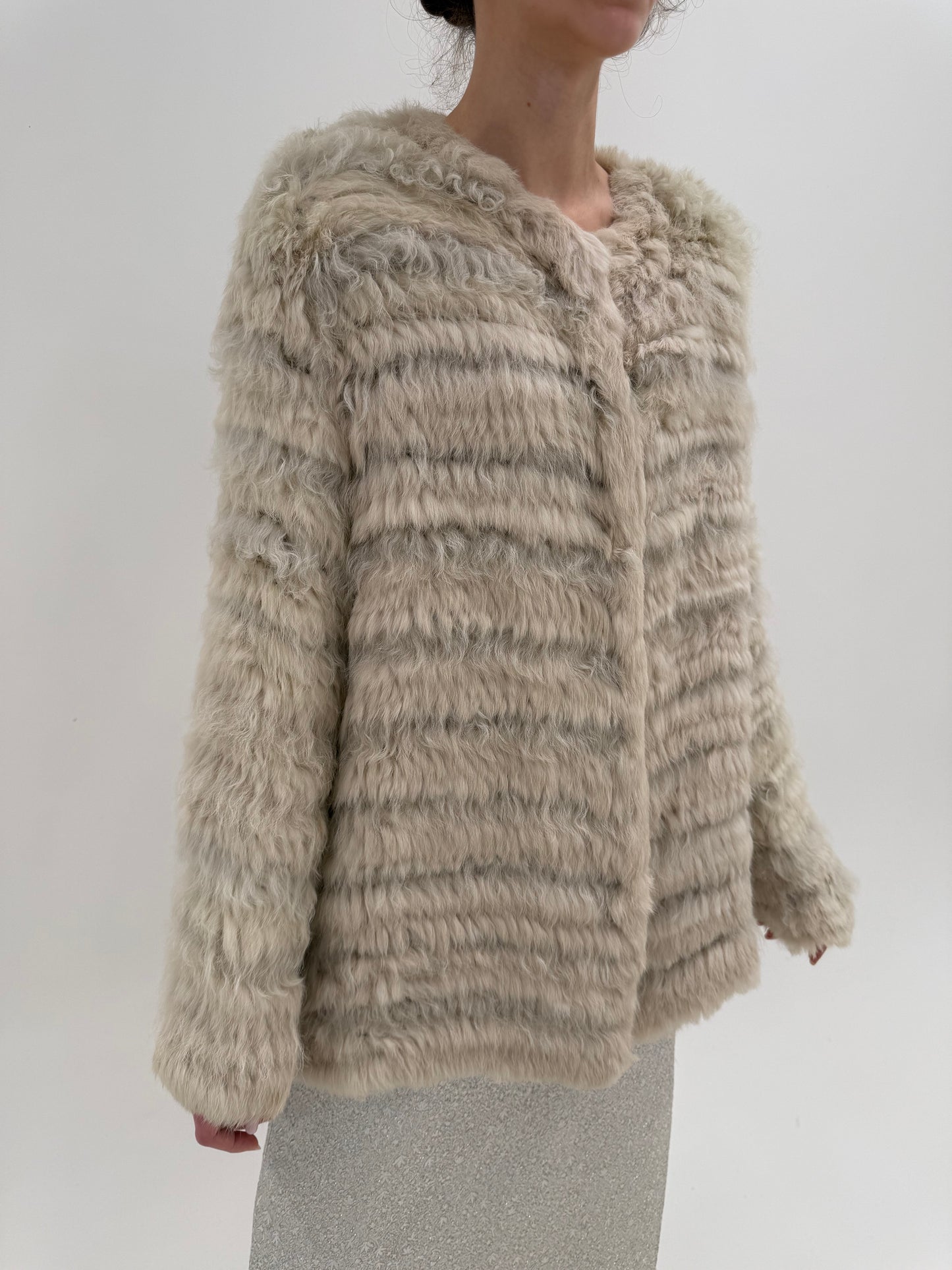 Blană naturală shearling clipită cu inserții din blană de iepure