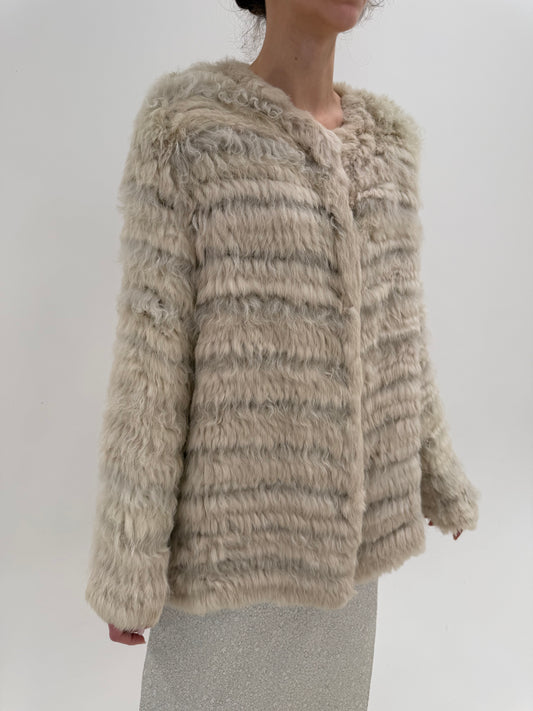 Blană naturală shearling clipită cu inserții din blană de iepure