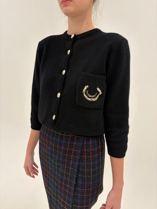 Cardigan vintage Rocco Barocco tip jachetă din tricot negru de lana extrafina cu auriu