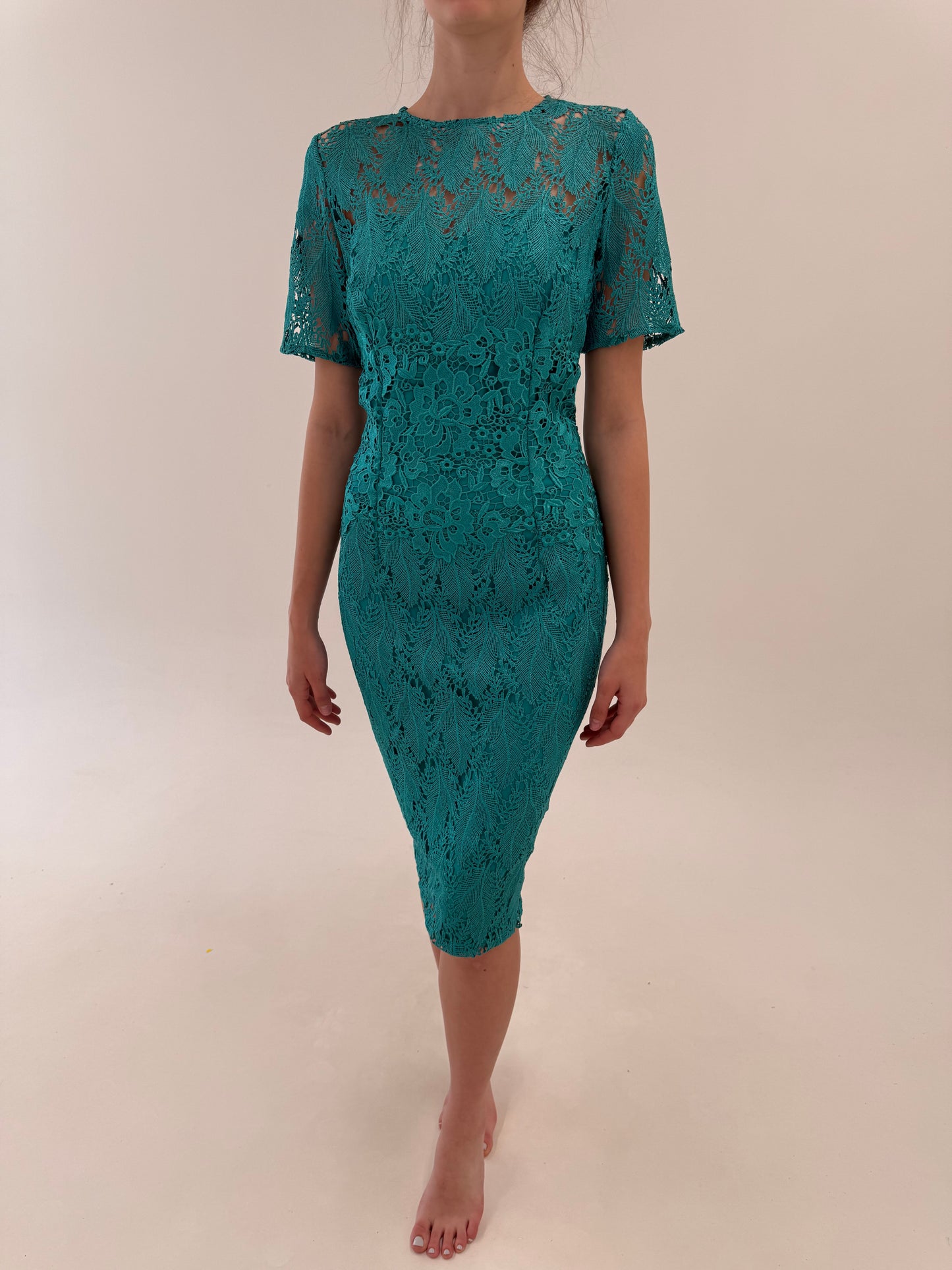 Rochie teal green cambrata din dantelă macrame de la zi la cocktail