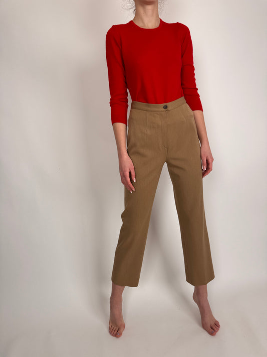 Pantaloni business camel strech cu talie înaltă