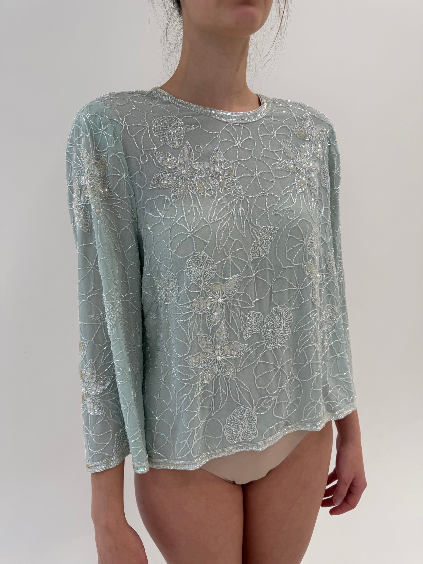 Top vintage bijuterie integral cu aplicații manuale excepționale mint green