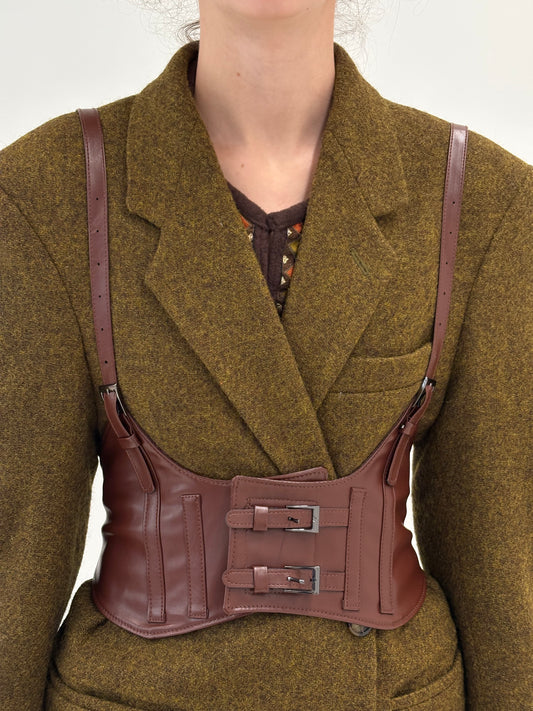 Brâu chocolate brown cu bretele reglabile și spate elastic