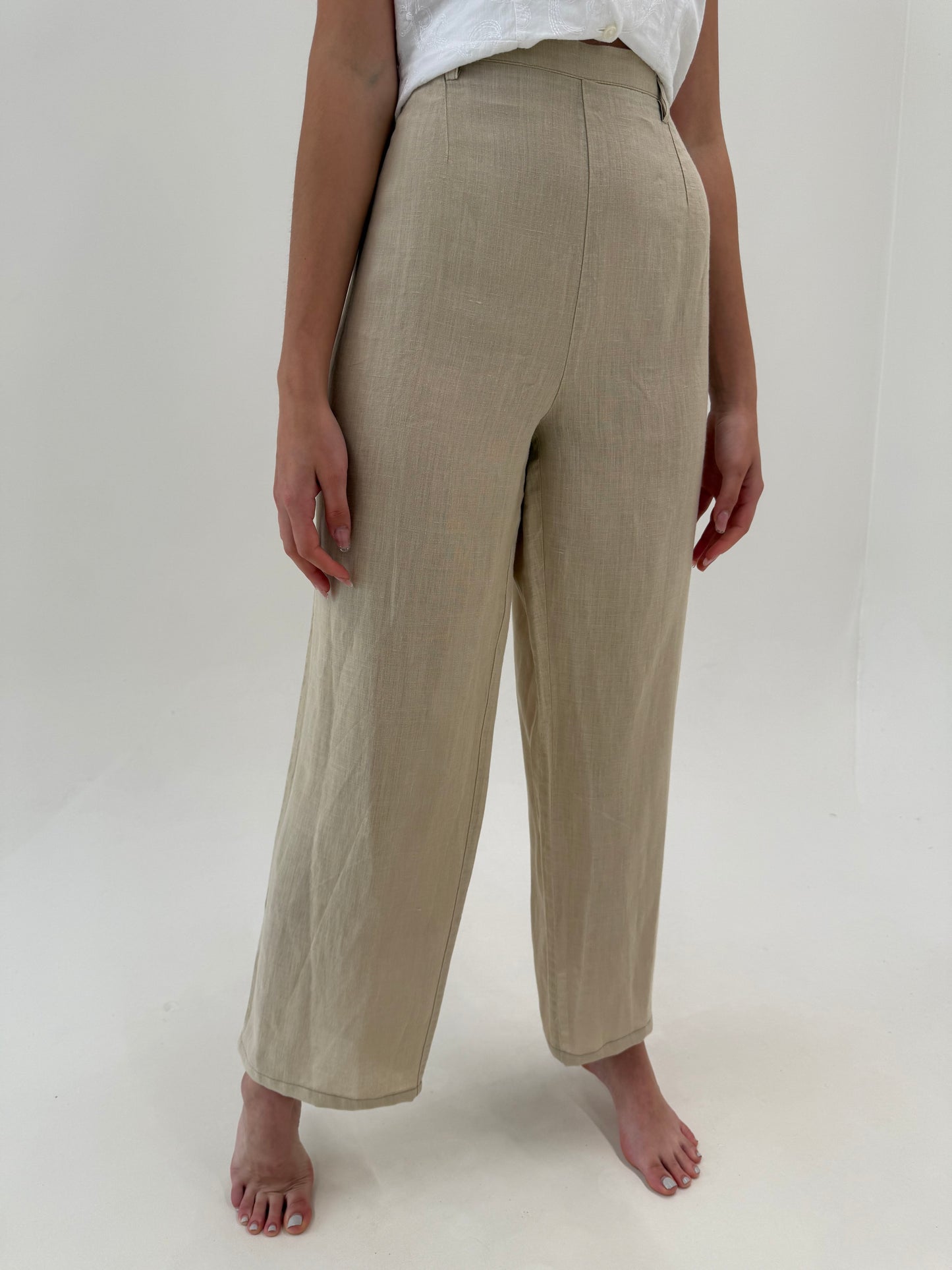 Pantaloni camel din in premium cu talie ultra înaltă