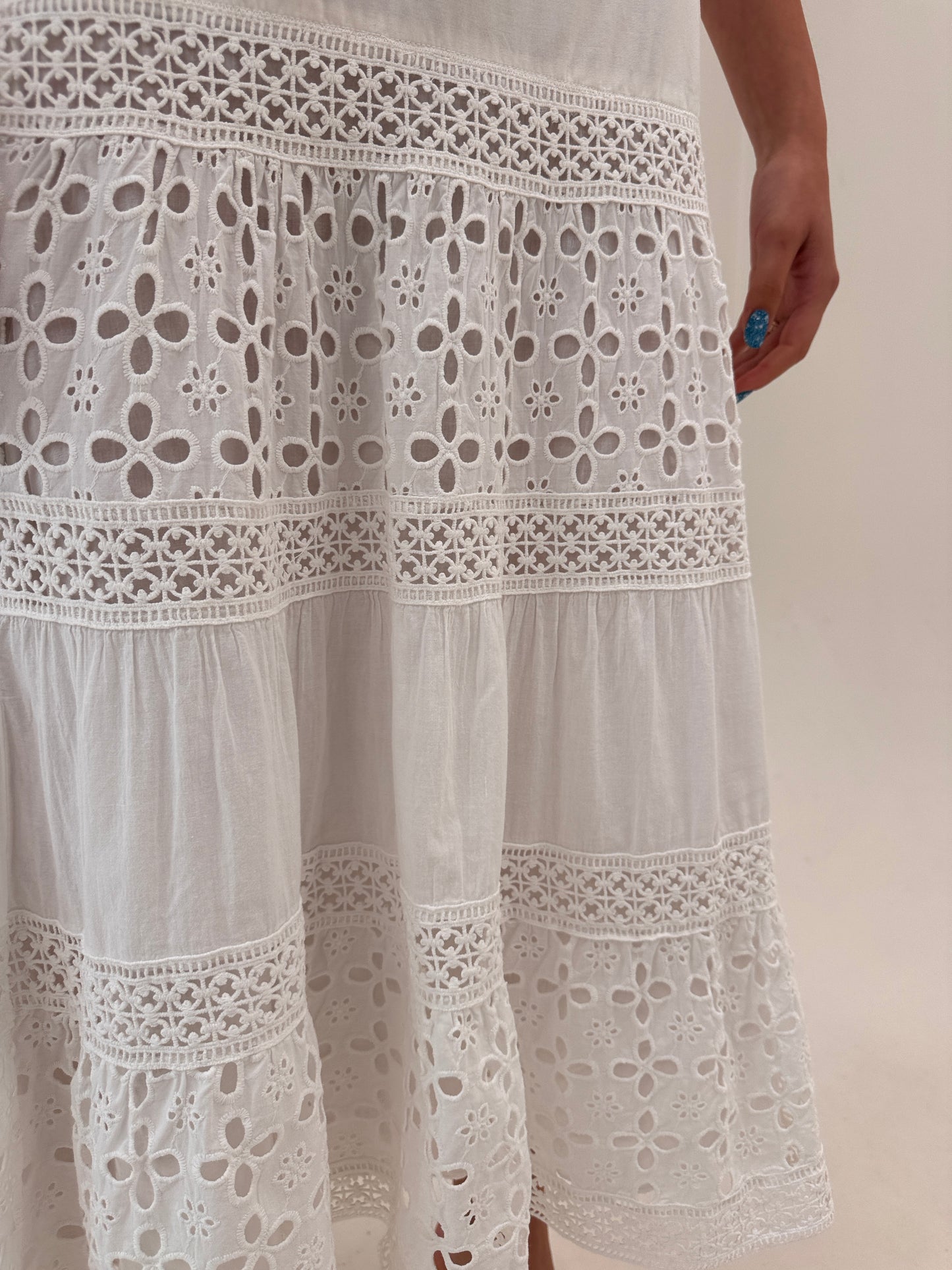 Fustă maxi ultra confort cu inserții de macrame și broderie anglaise din bumbac premium