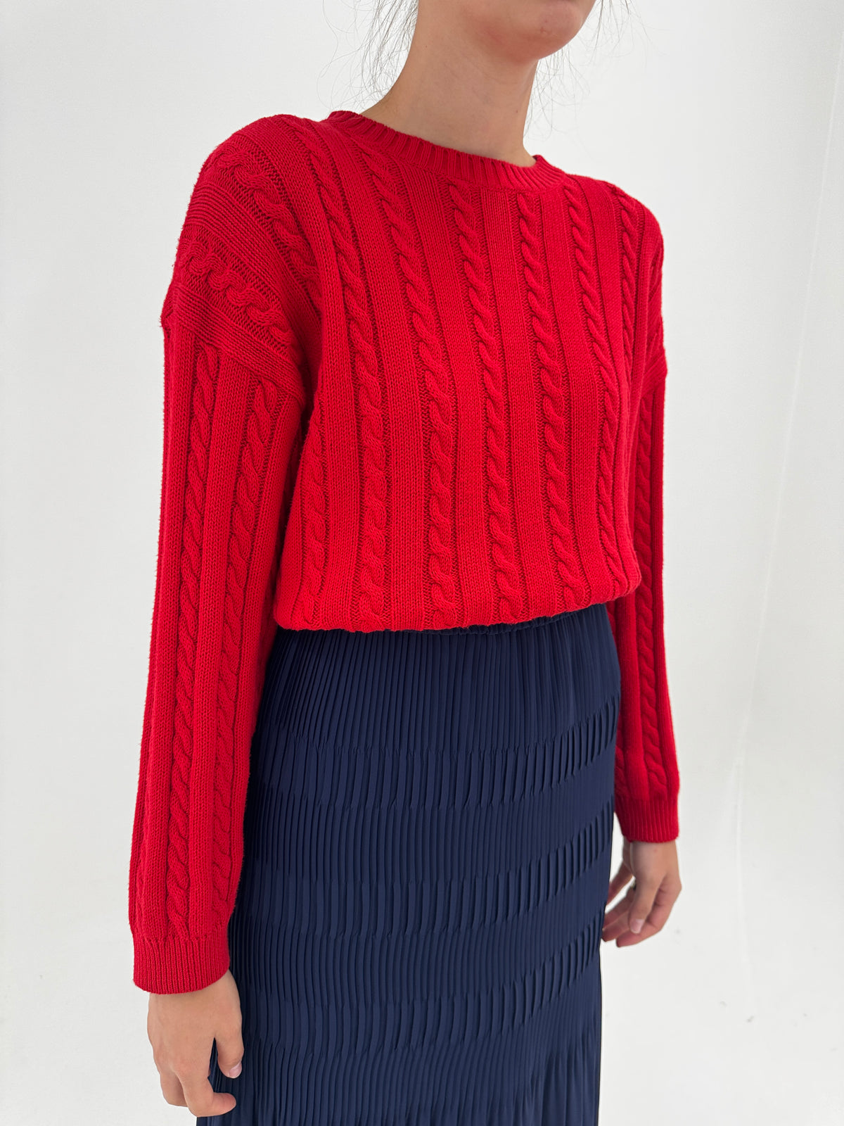 Pulover dark cherry red din bumbac gros de gramaj mare cu torsade