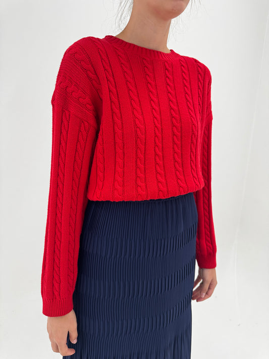 Pulover dark cherry red din bumbac gros de gramaj mare cu torsade