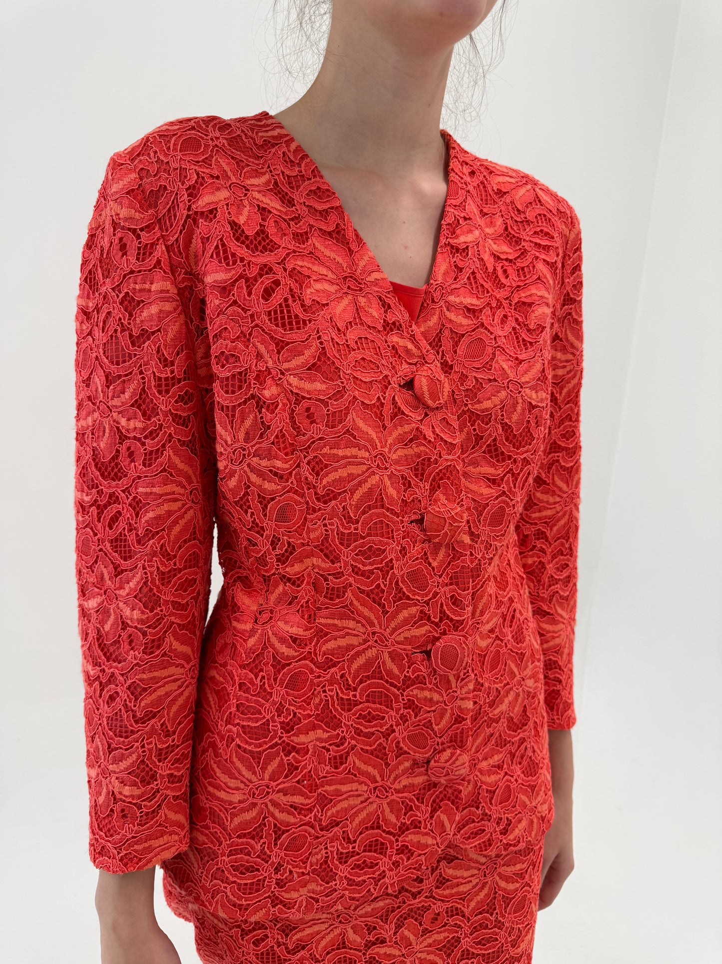 Set italian couture din dantelă quipure lucrat manual coral red