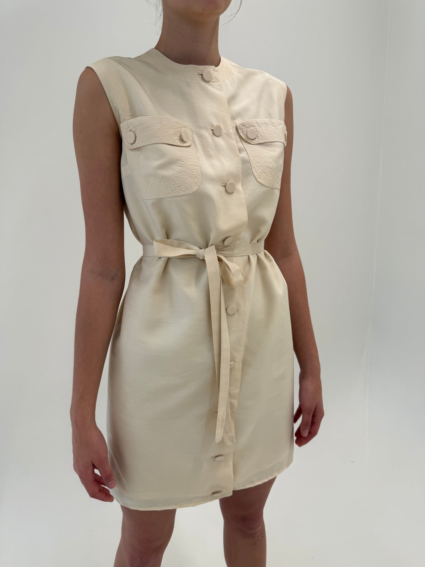 Rochie vintage din panza de mătase naturală butter white în stil Safari