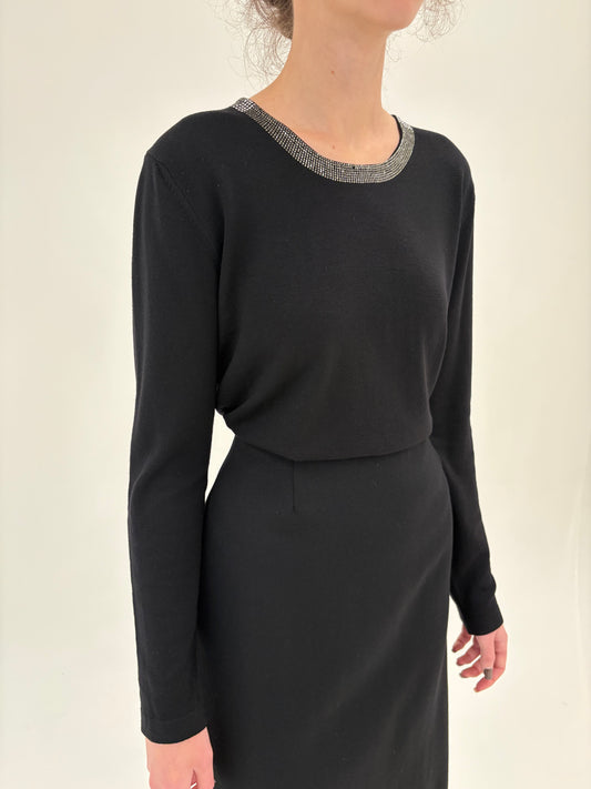 Pulover negru elegant din lana merino extrafina de gramaj mare