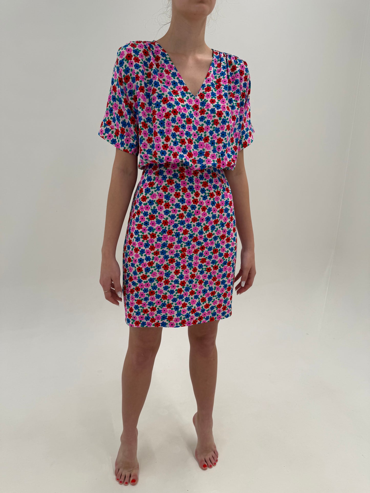 Rochie vintage din mătase naturală cu print floral stilizat in culori tari