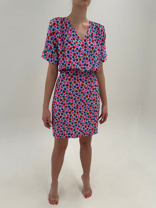 Rochie vintage din mătase naturală cu print floral stilizat in culori tari