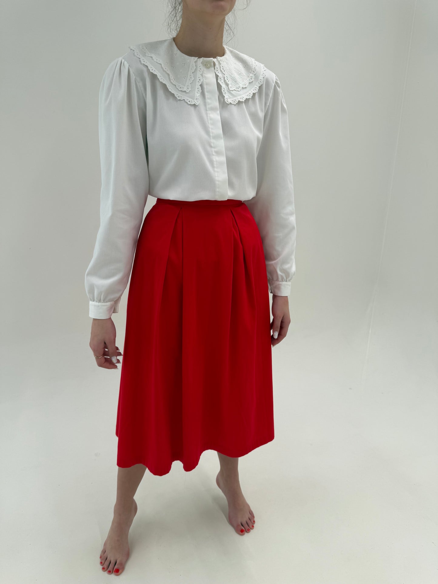 Fustă midi lung cherry red cu talie ultra înaltă marcată