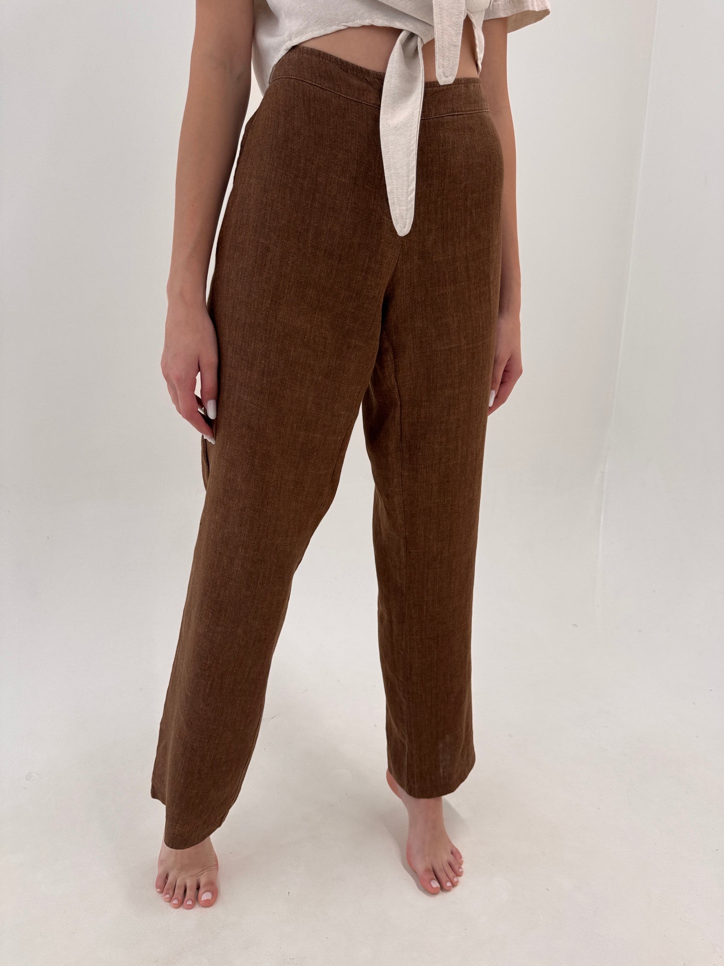 Pantaloni tall chocolate brown italienești din in premium în croi evazat