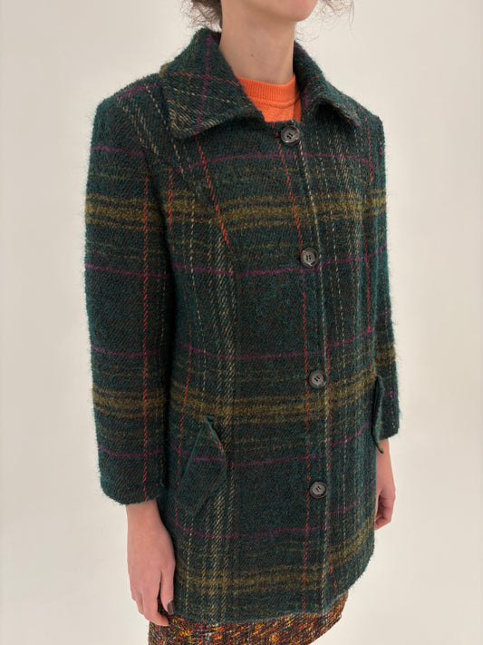 Palton din tweed gros de mohair forest green cu carouri în culori tari