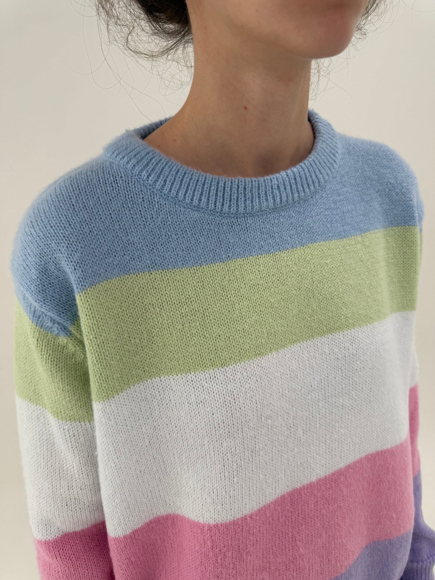 Pulover oversized în culori pudrate crew neck din tricot de gramaj mare