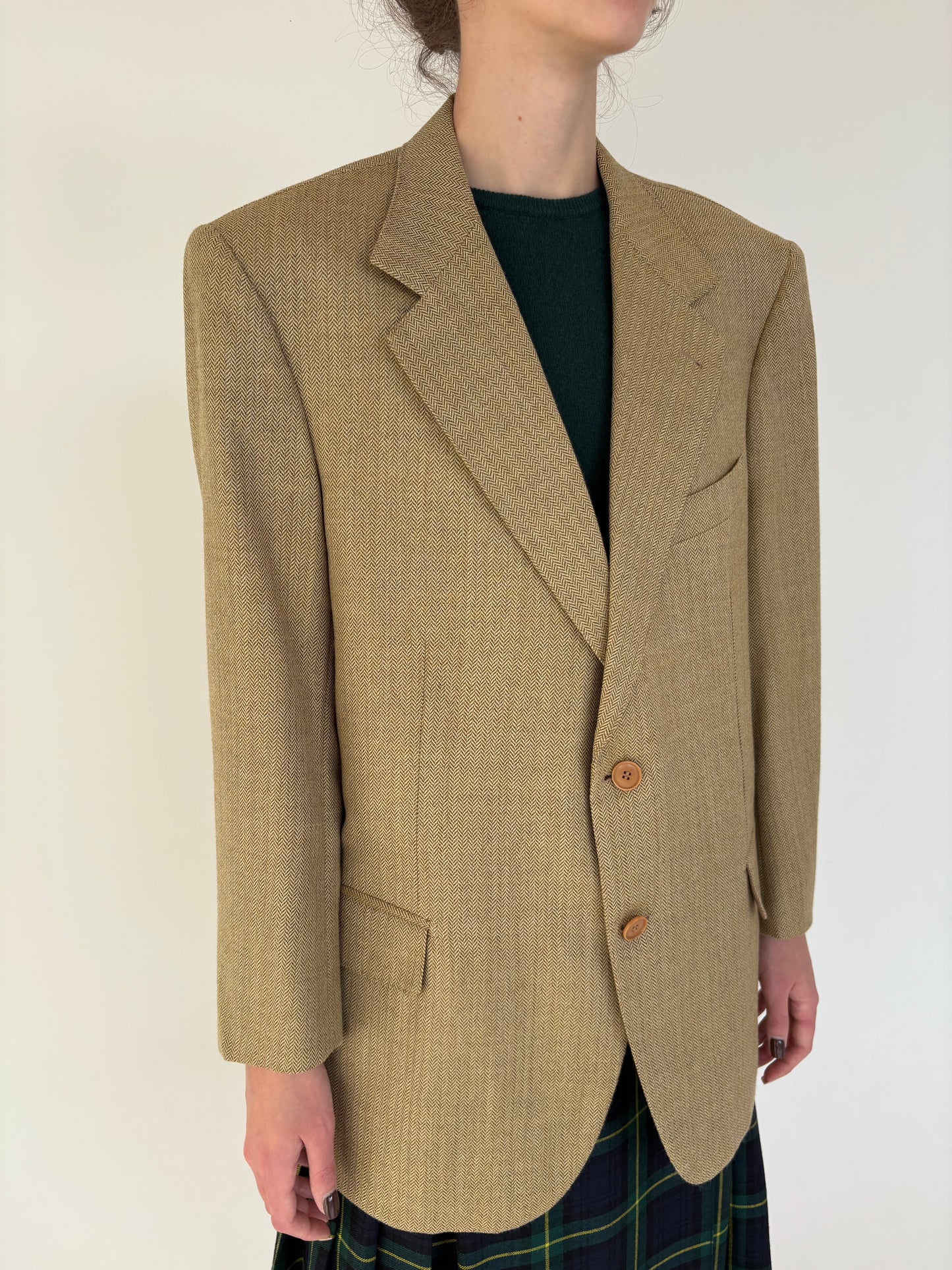 Sacou italian couture camel din stofă de lana și cașmir herringbone