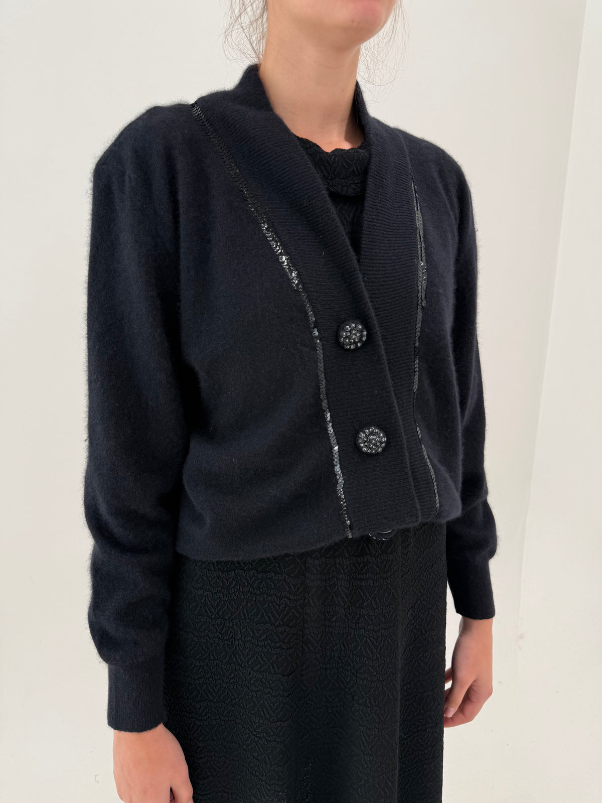 Cardigan vintage negru tip jachetă din lana extrafina și Angora cu manșete înalte