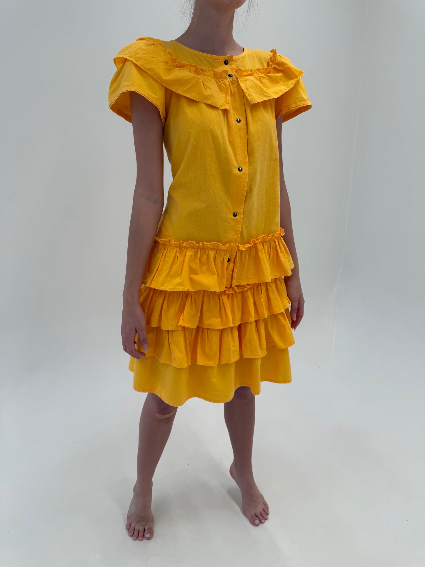 Rochie vintage de designer saffron yellow cu volane vin poplin de bumbac