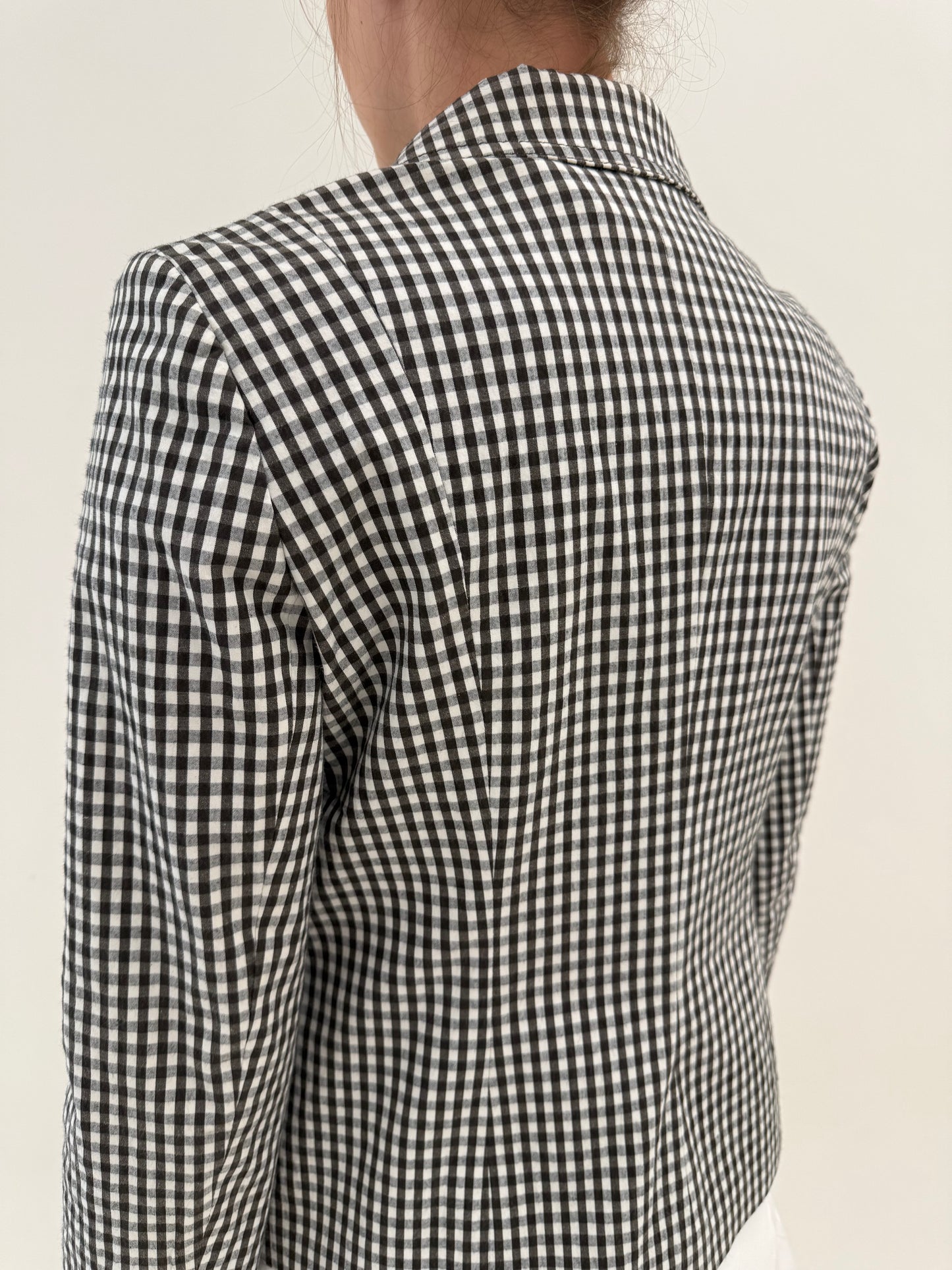 Sacou vintage Moschino gingham alb negru din canvas de bumbac ușor modelator