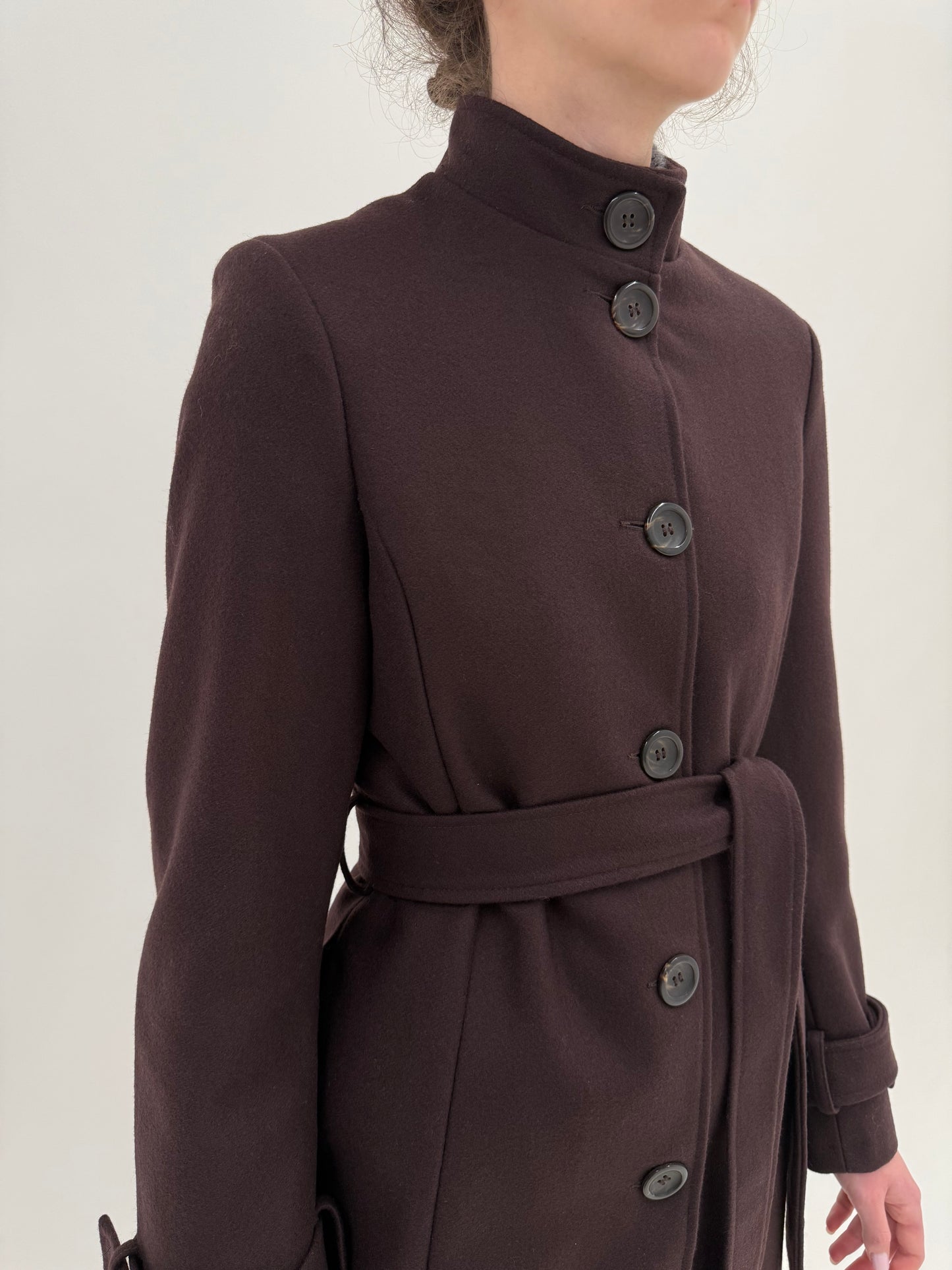 Palton cu talie marcată reglabilă chocolate brown din stofă structurată