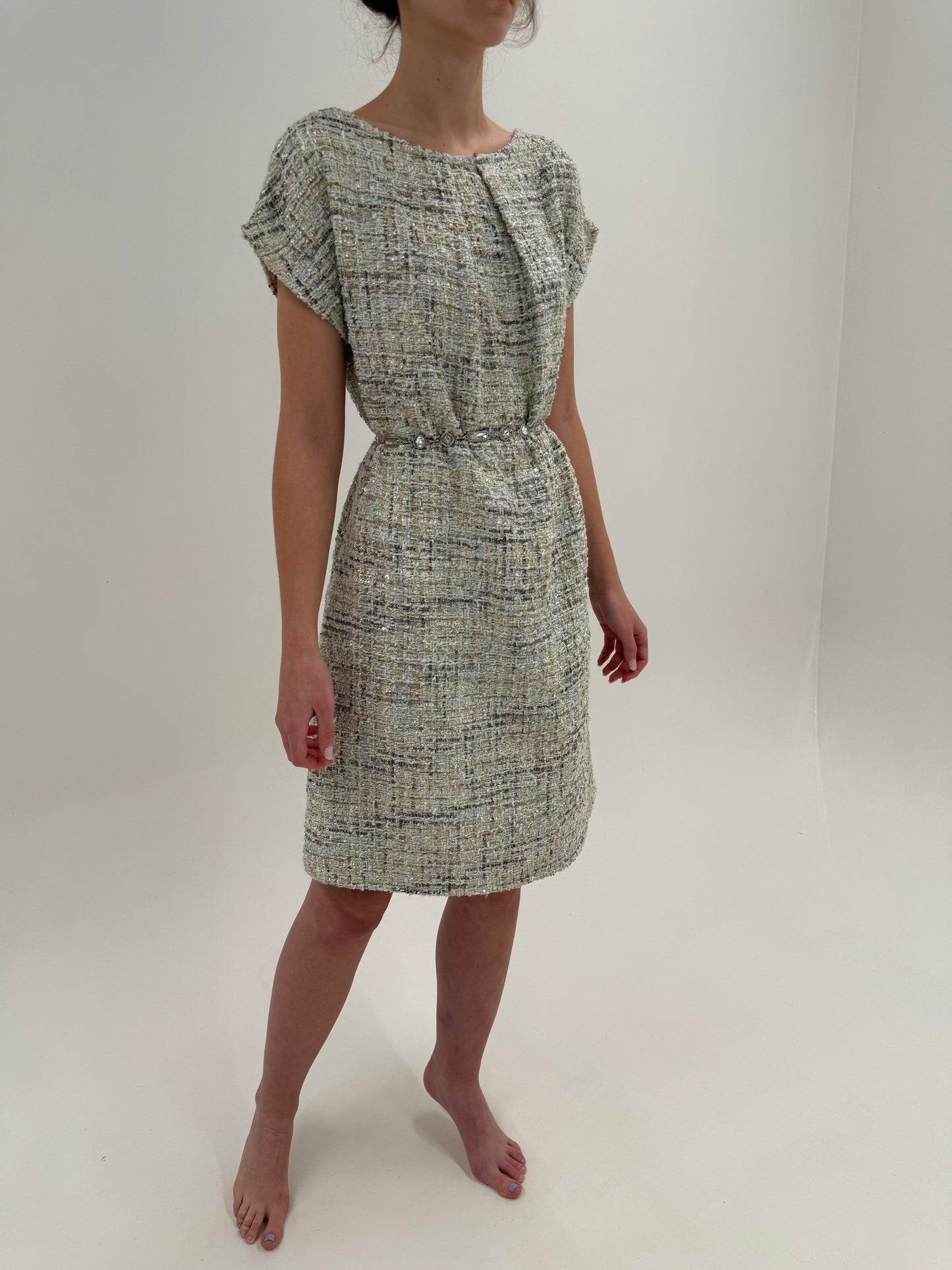 Rochie baby blue în stil Chanel din tweed prețios în croi lejer