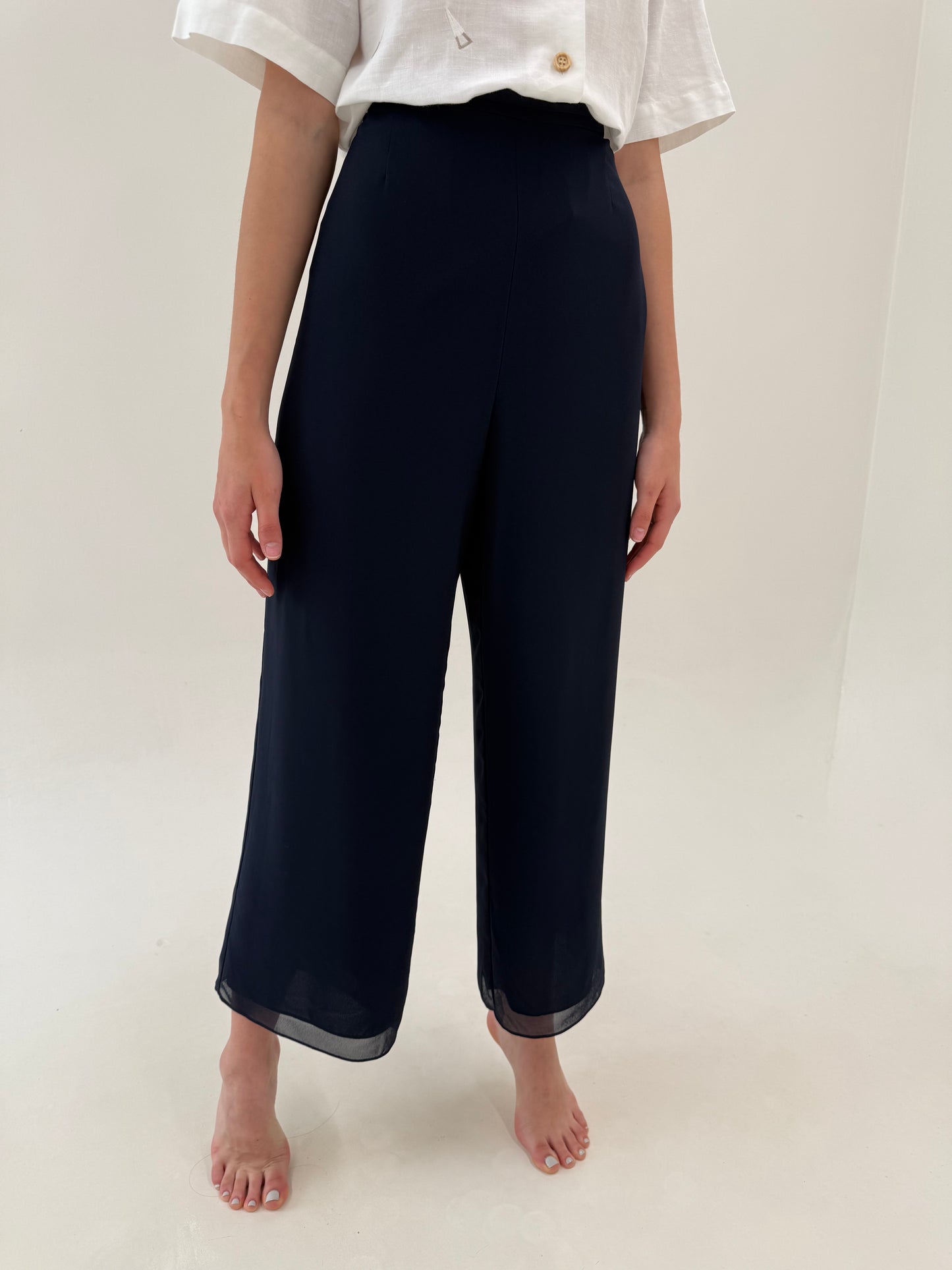 Pantaloni Navy palazzo din voal de la zi la cocktail cu talie ultra înaltă
