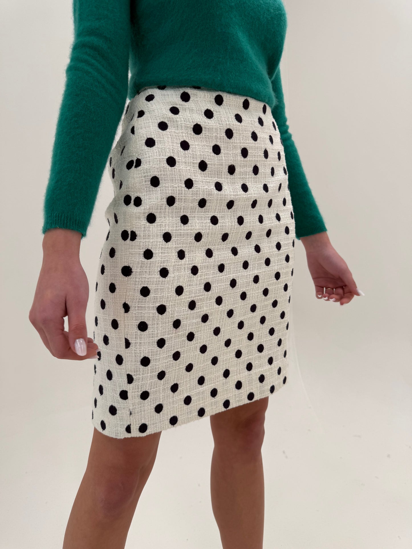 Fustă cu talie înaltă din tweed de bumbac cu buline