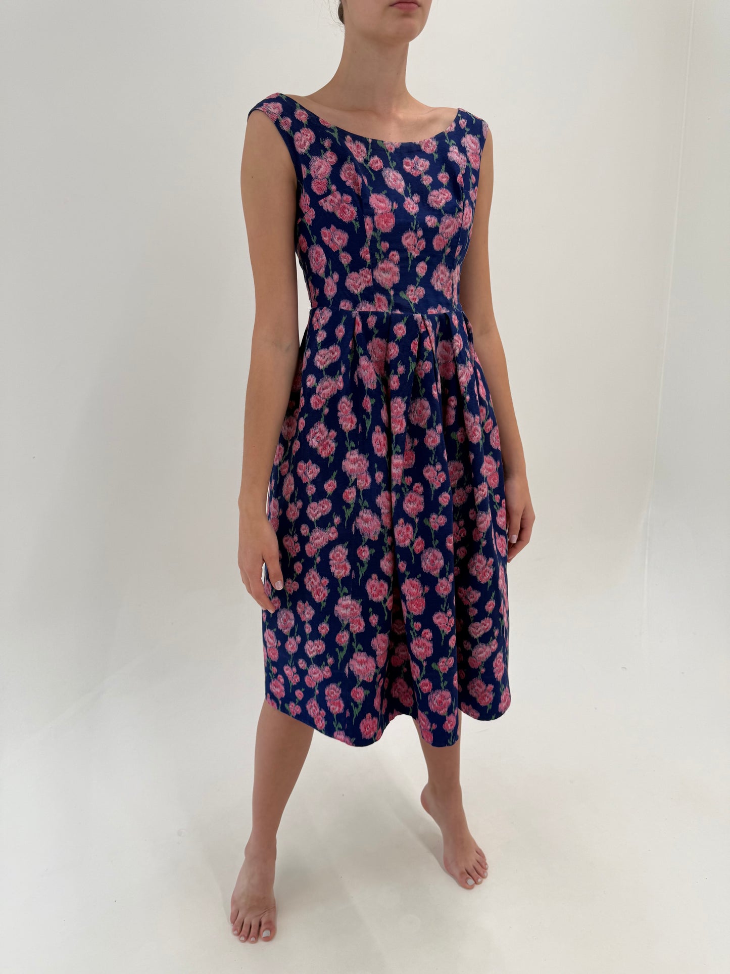 Rochie Old vintage de colecție anii 50 din bumbac texturat ultra cambrata cu decolteu bărcuță